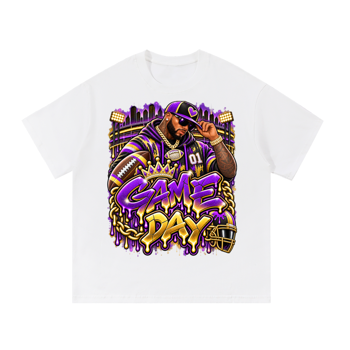 Purple & Gold Game Day King – Unisex Football Graphic T-Shirt