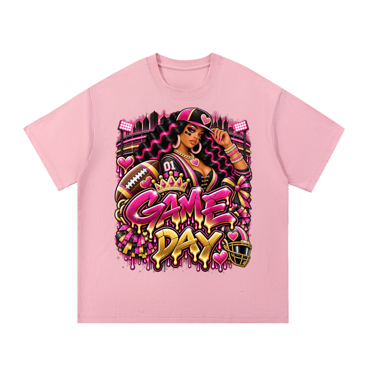 Pink & Gold Game Day Queen – Women's Football Graphic T-Shirt
