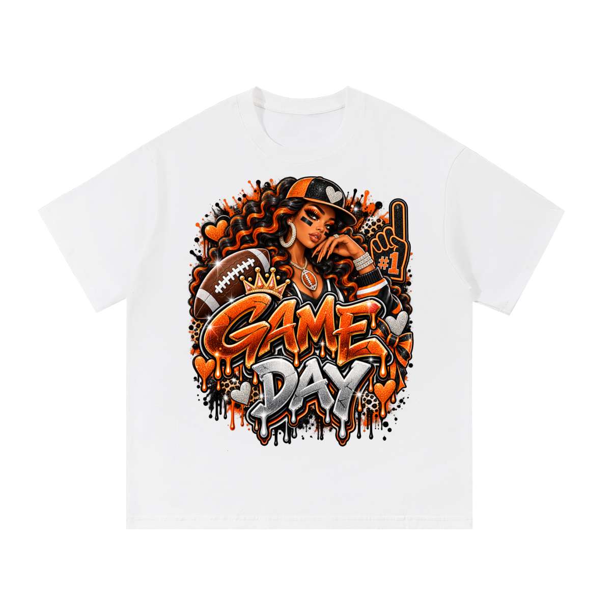 Orange & Black Game Day Queen – Football Glam Graphic T-Shirt