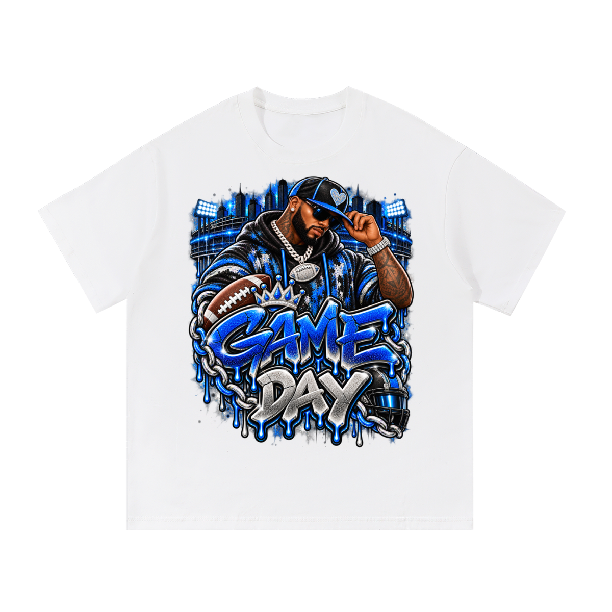 Blue & Silver Game Day – Men's Football Streetwear Graphic T-Shirt