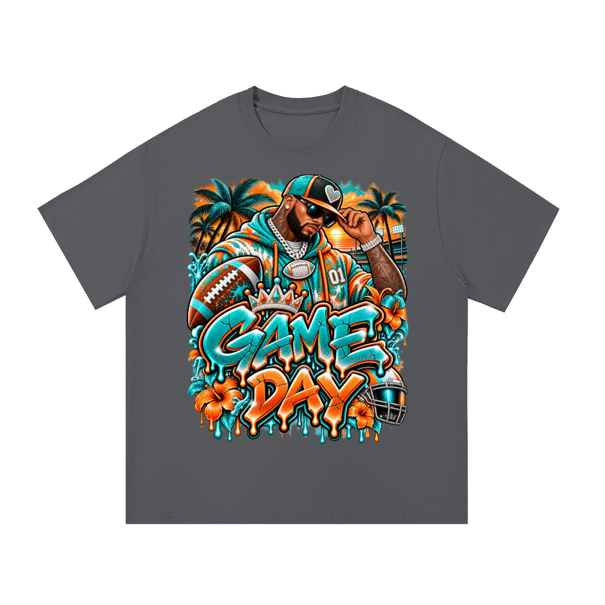 Tropical Game Day – Aqua & Orange Football Streetwear T-Shirt
