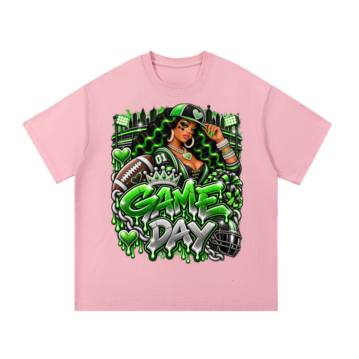 Neon Green Game Day Queen – Women's Football Graphic T-Shirt