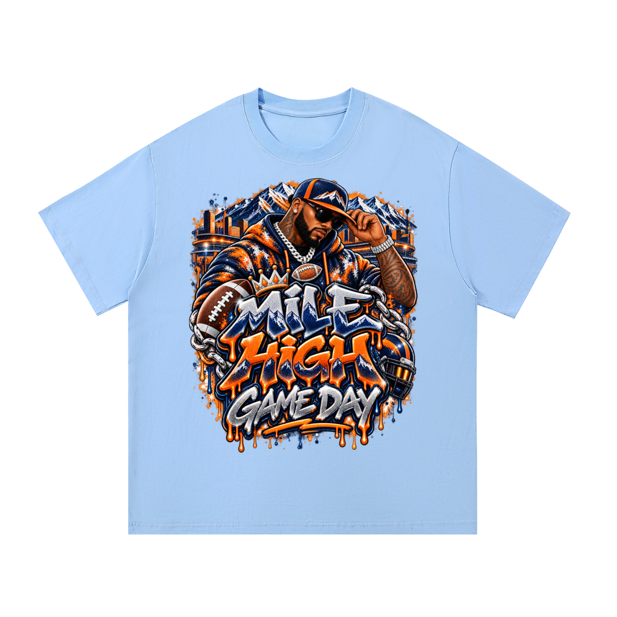 Mile High Game Day – Orange & Navy Football Graphic T-Shirt