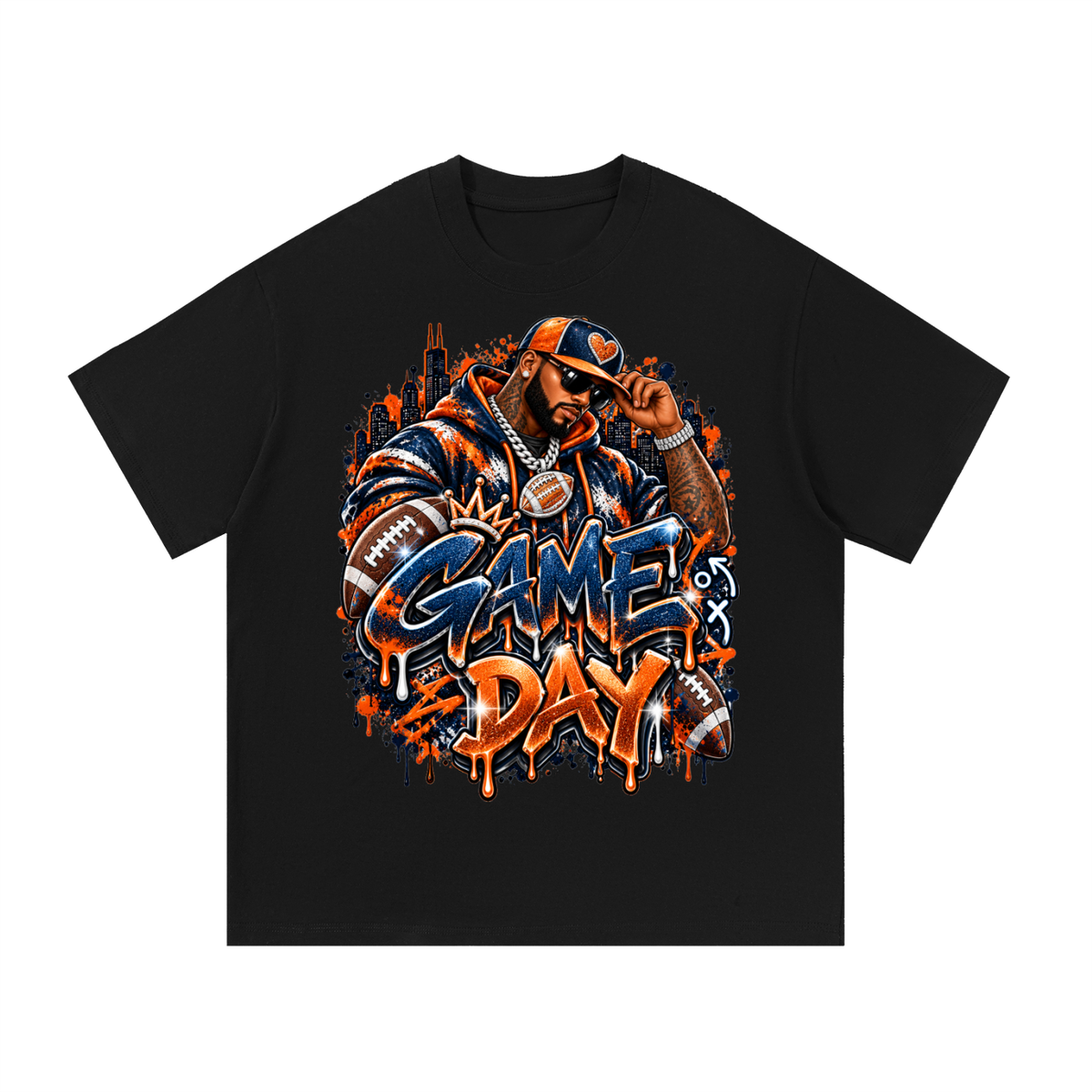 Windy City Game Day – Navy & Orange Football Graphic T-Shirt