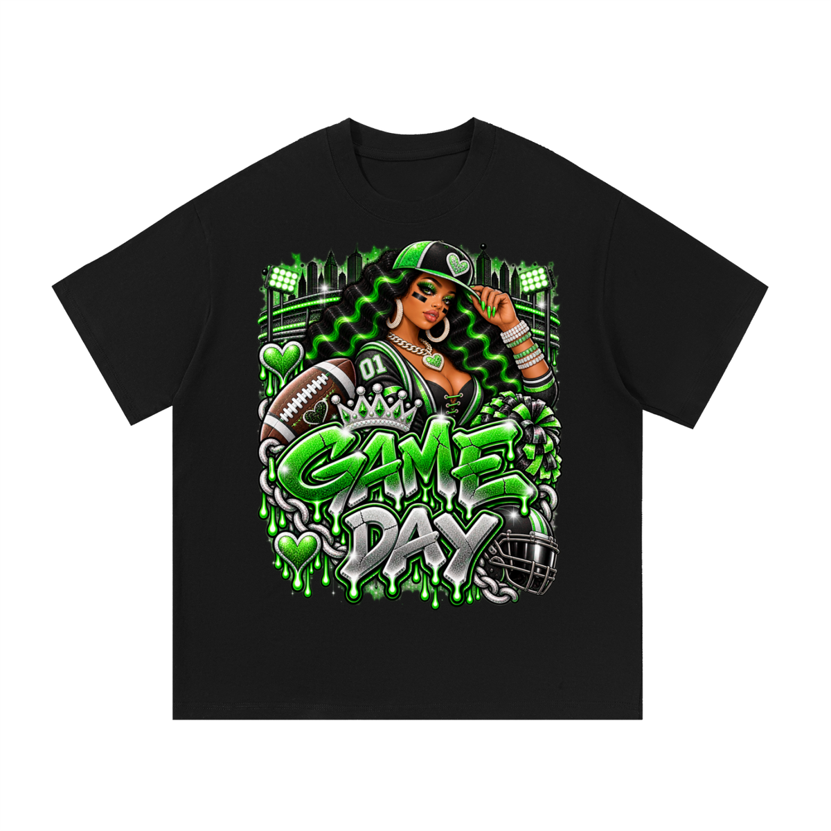 Neon Green Game Day Queen – Women's Football Graphic T-Shirt