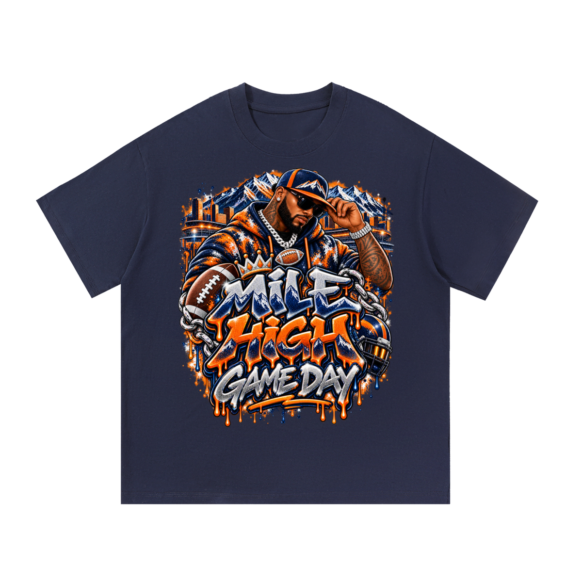 Mile High Game Day – Orange & Navy Football Graphic T-Shirt