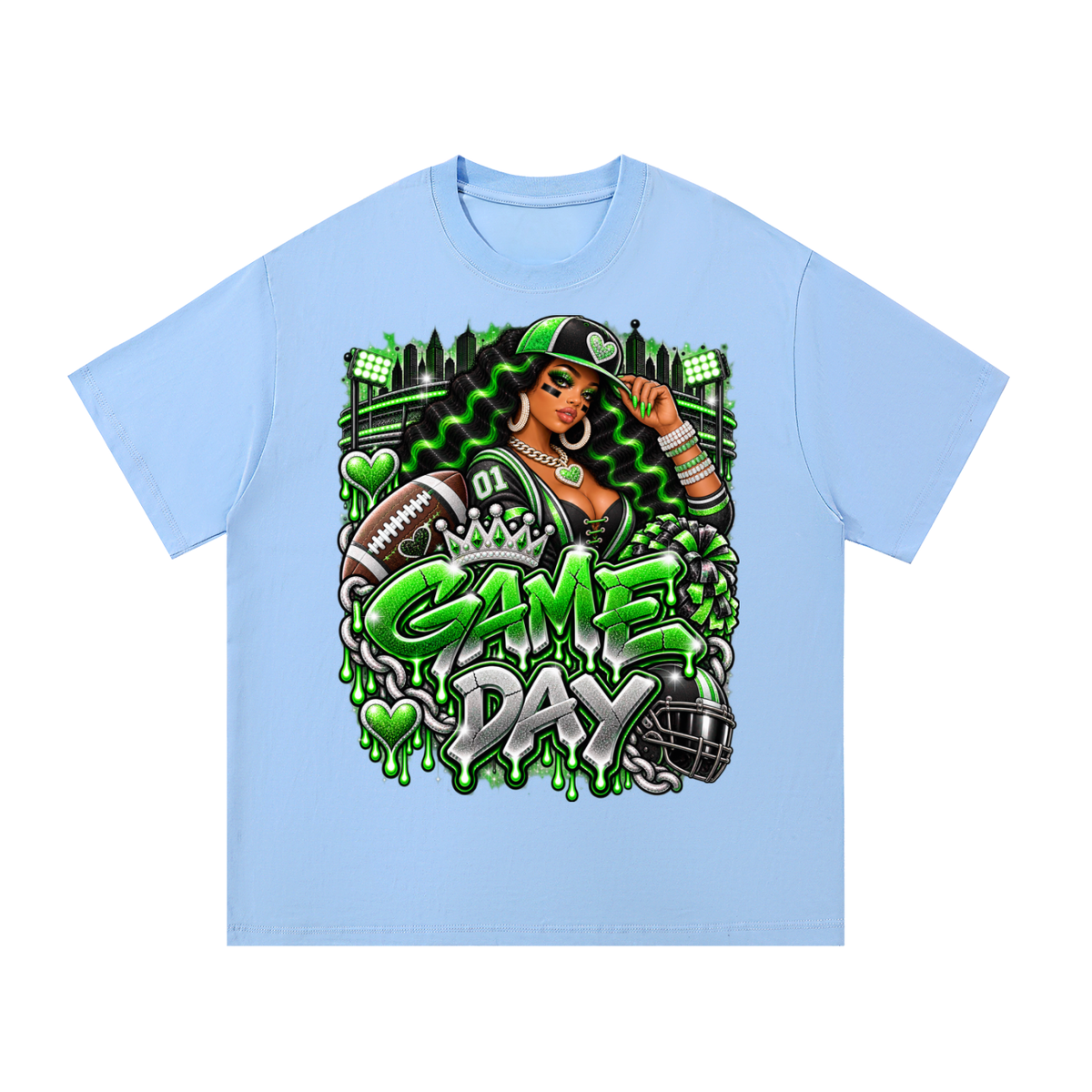 Neon Green Game Day Queen – Women's Football Graphic T-Shirt