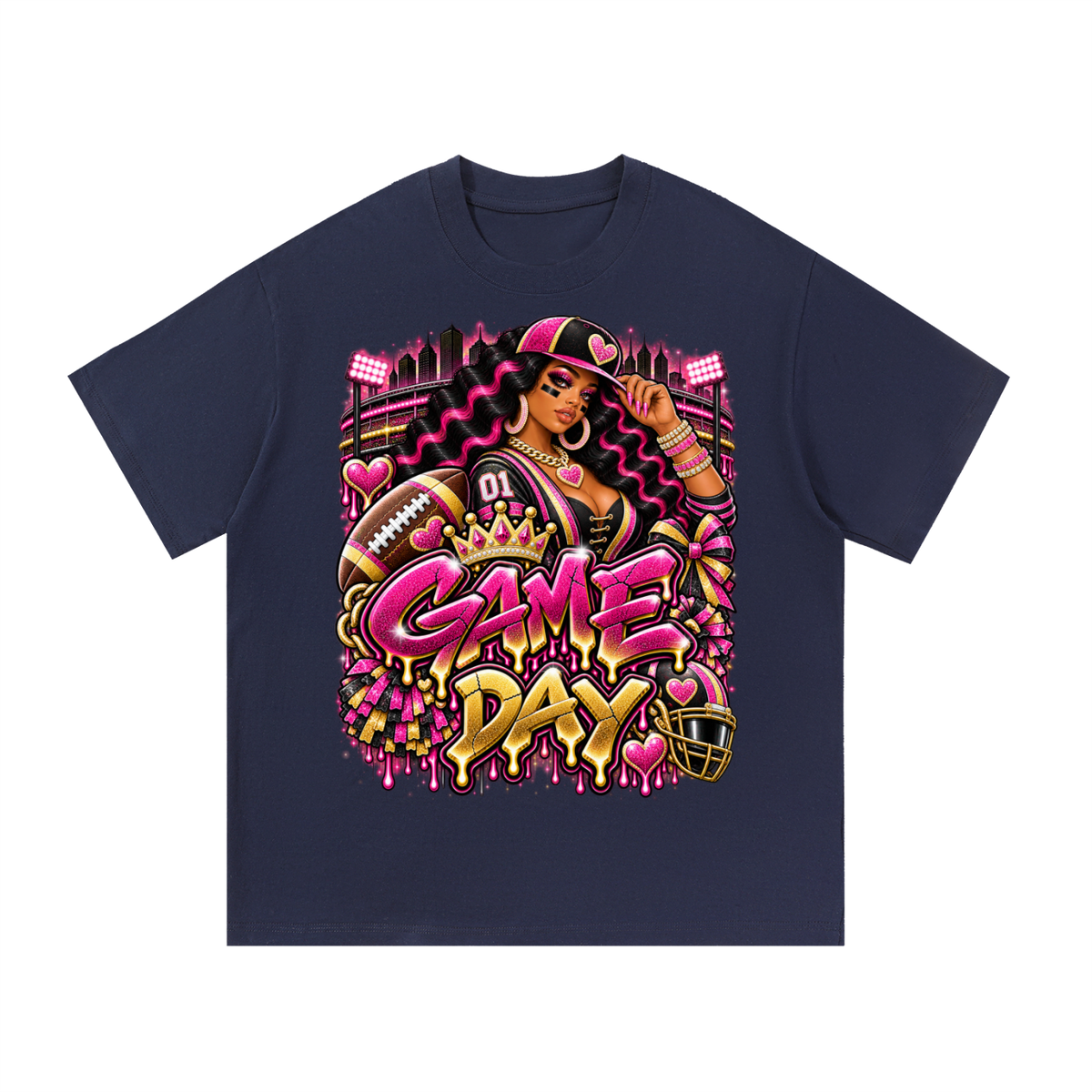 Pink & Gold Game Day Queen – Women's Football Graphic T-Shirt
