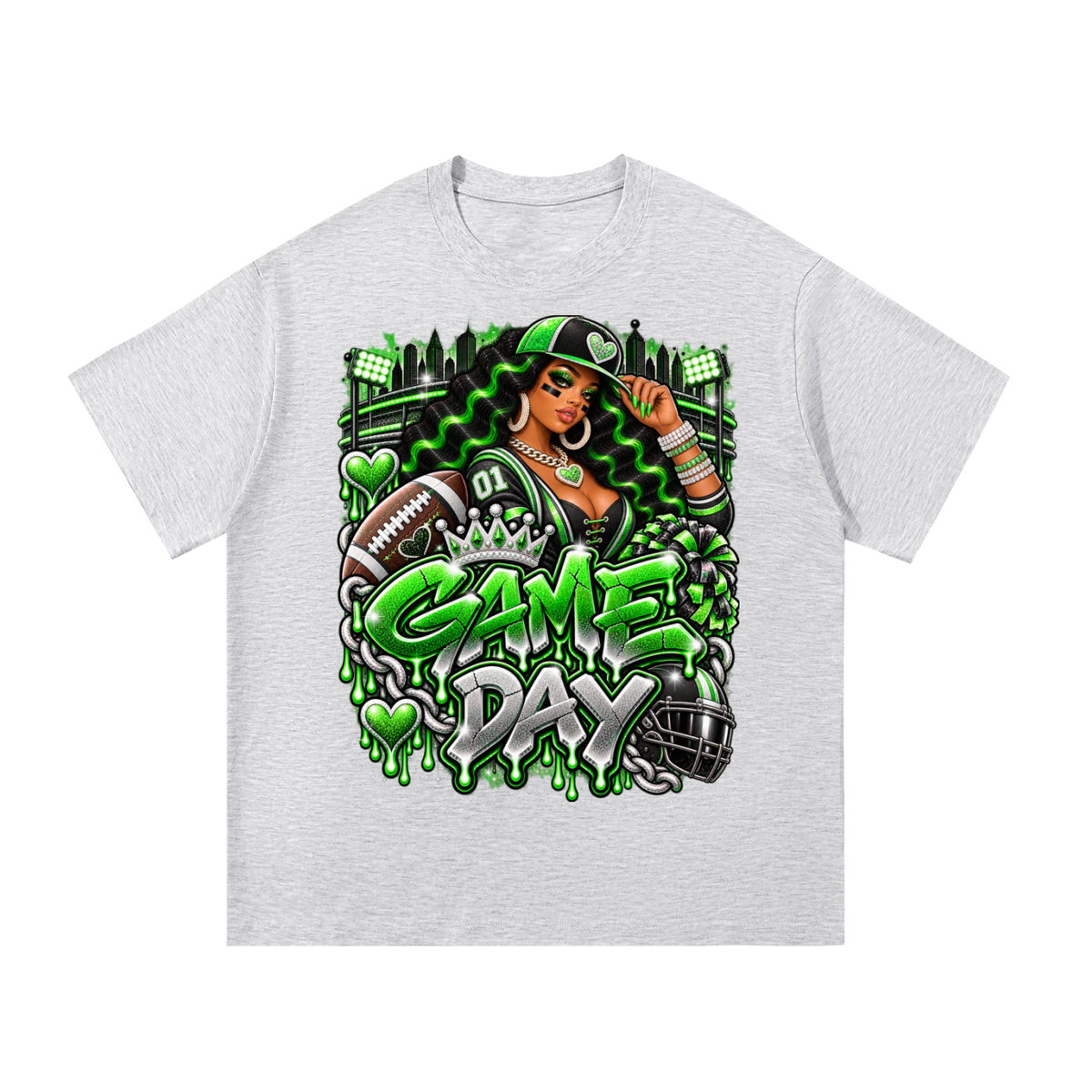 Neon Green Game Day Queen – Women's Football Graphic T-Shirt