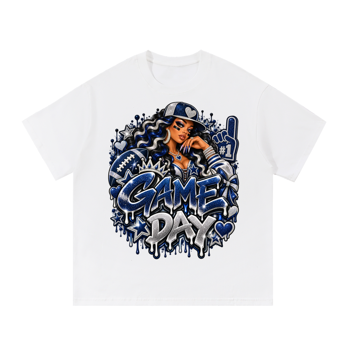 Silver & Navy Game Day Glam – Women's Football Graphic T-Shirt