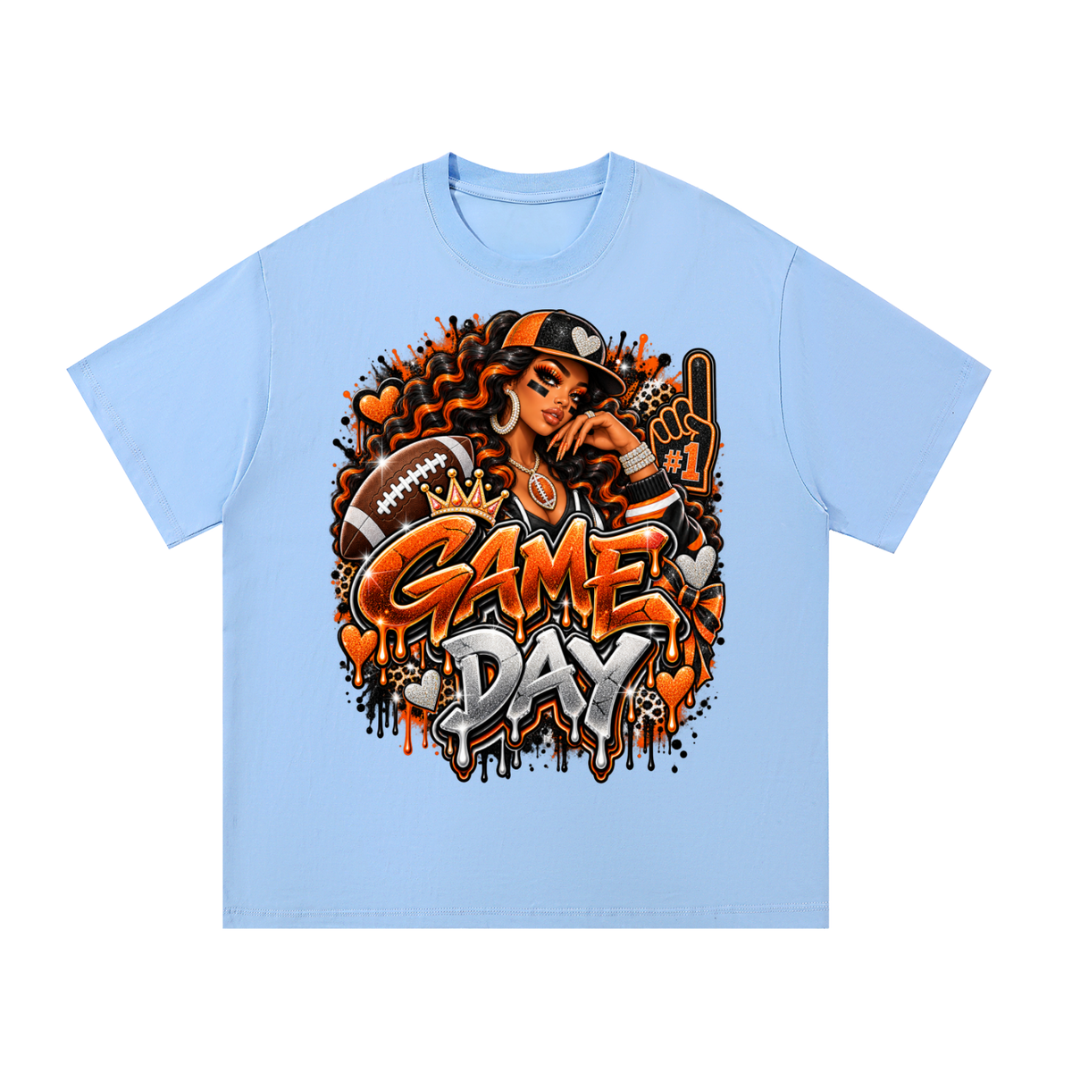 Orange & Black Game Day Queen – Football Glam Graphic T-Shirt