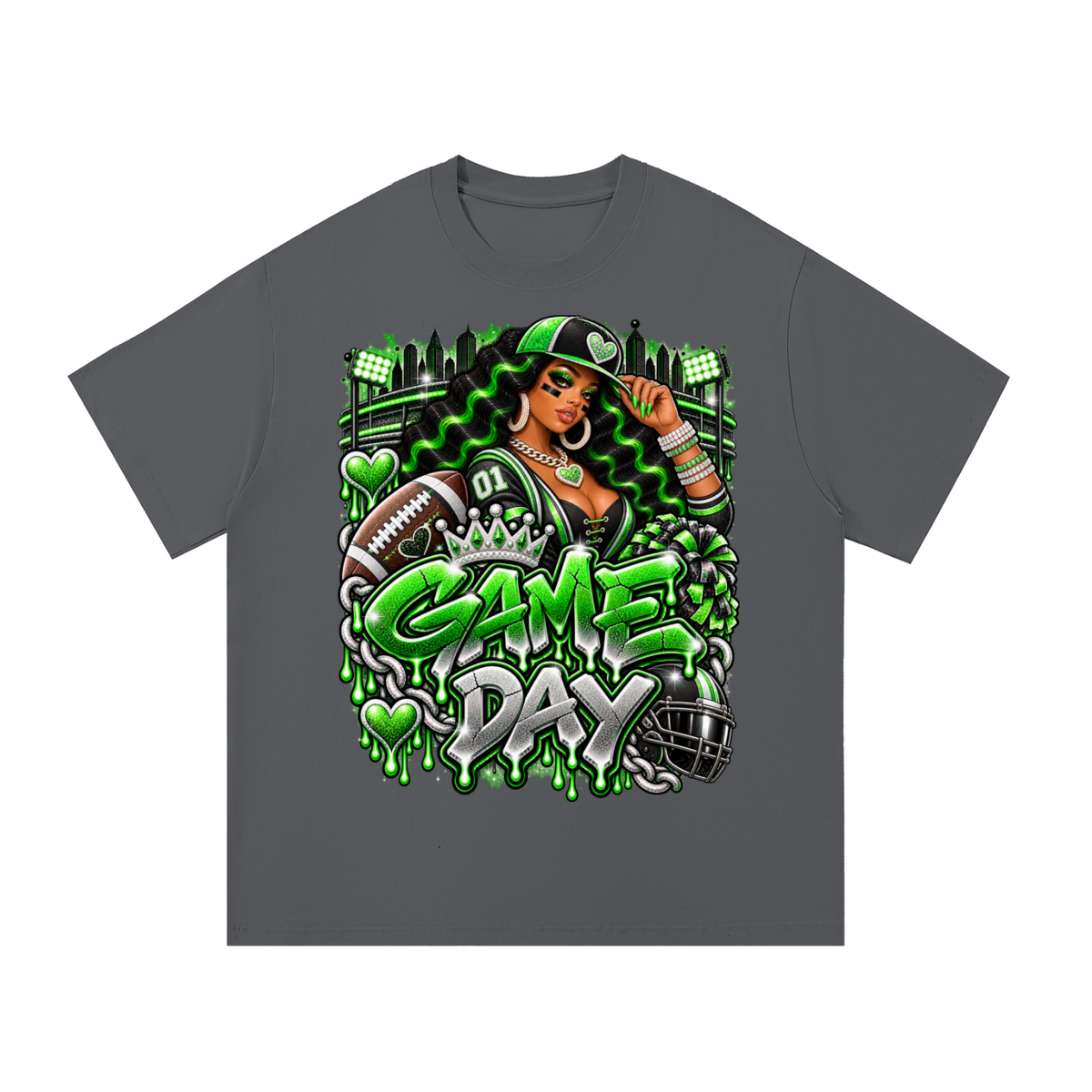 Neon Green Game Day Queen – Women's Football Graphic T-Shirt