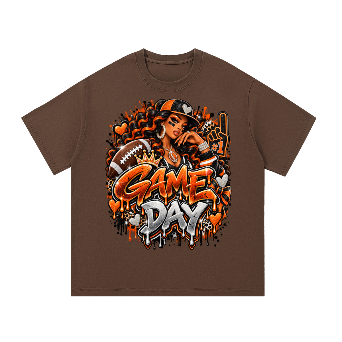 Orange & Black Game Day Queen – Football Glam Graphic T-Shirt
