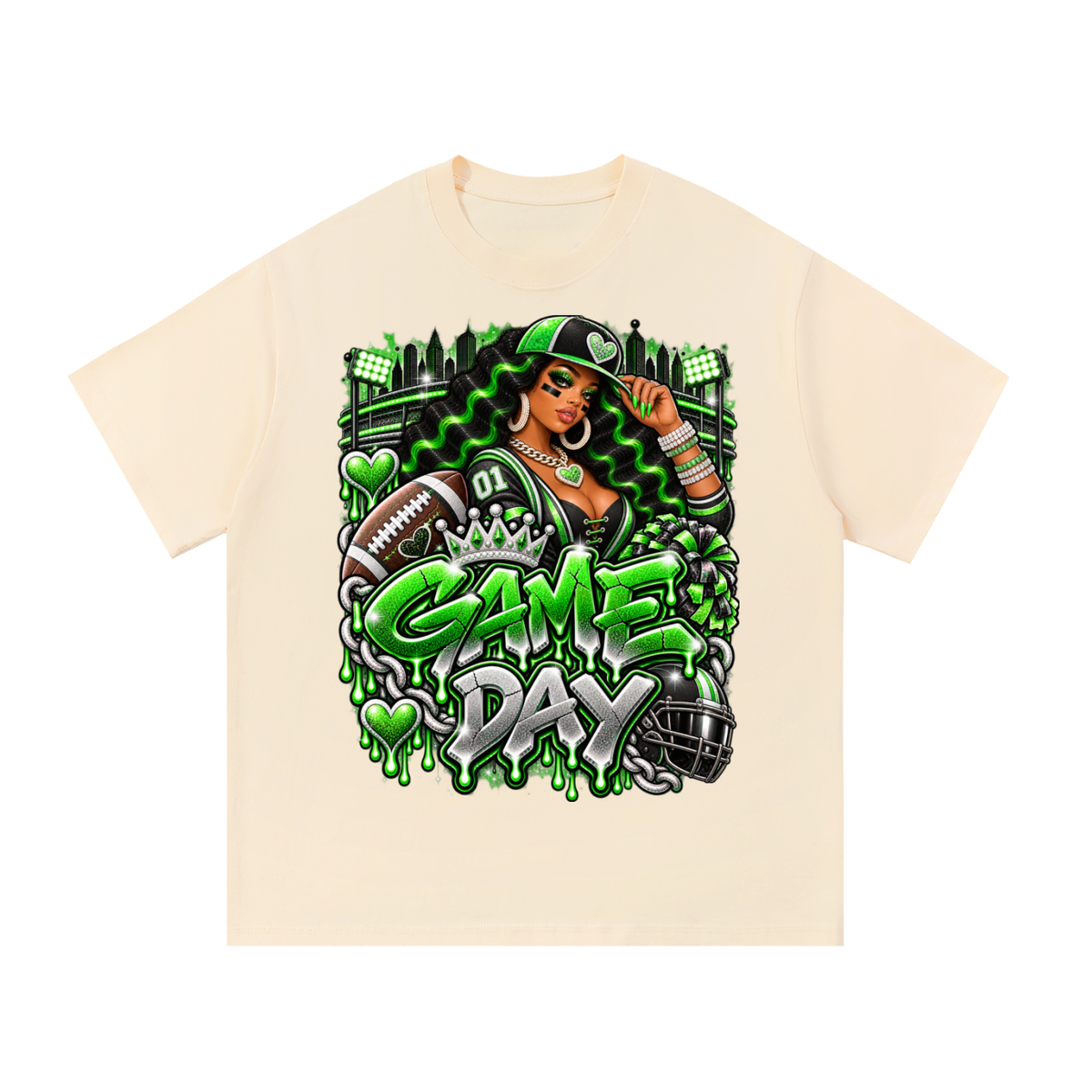Neon Green Game Day Queen – Women's Football Graphic T-Shirt