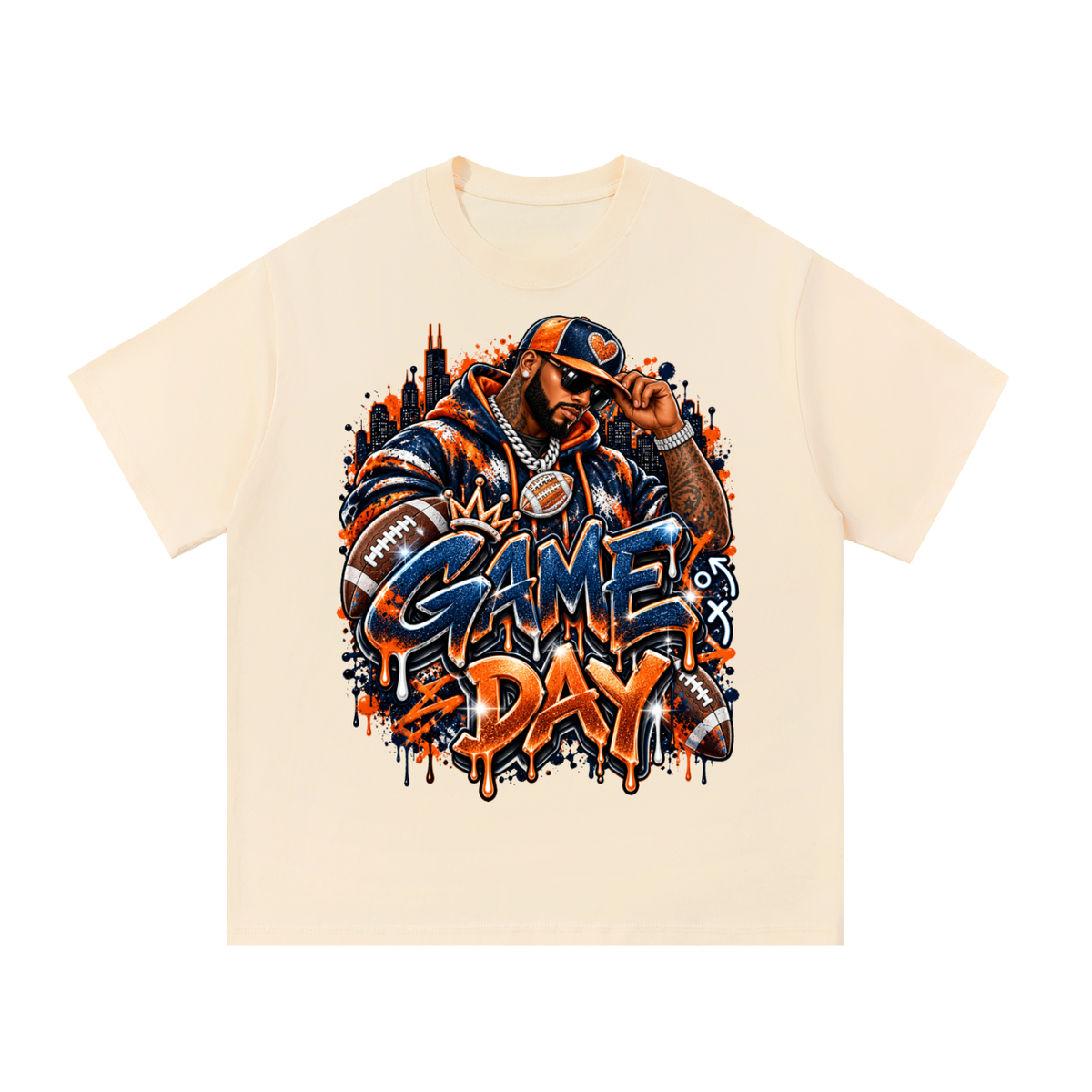 Windy City Game Day – Navy & Orange Football Graphic T-Shirt