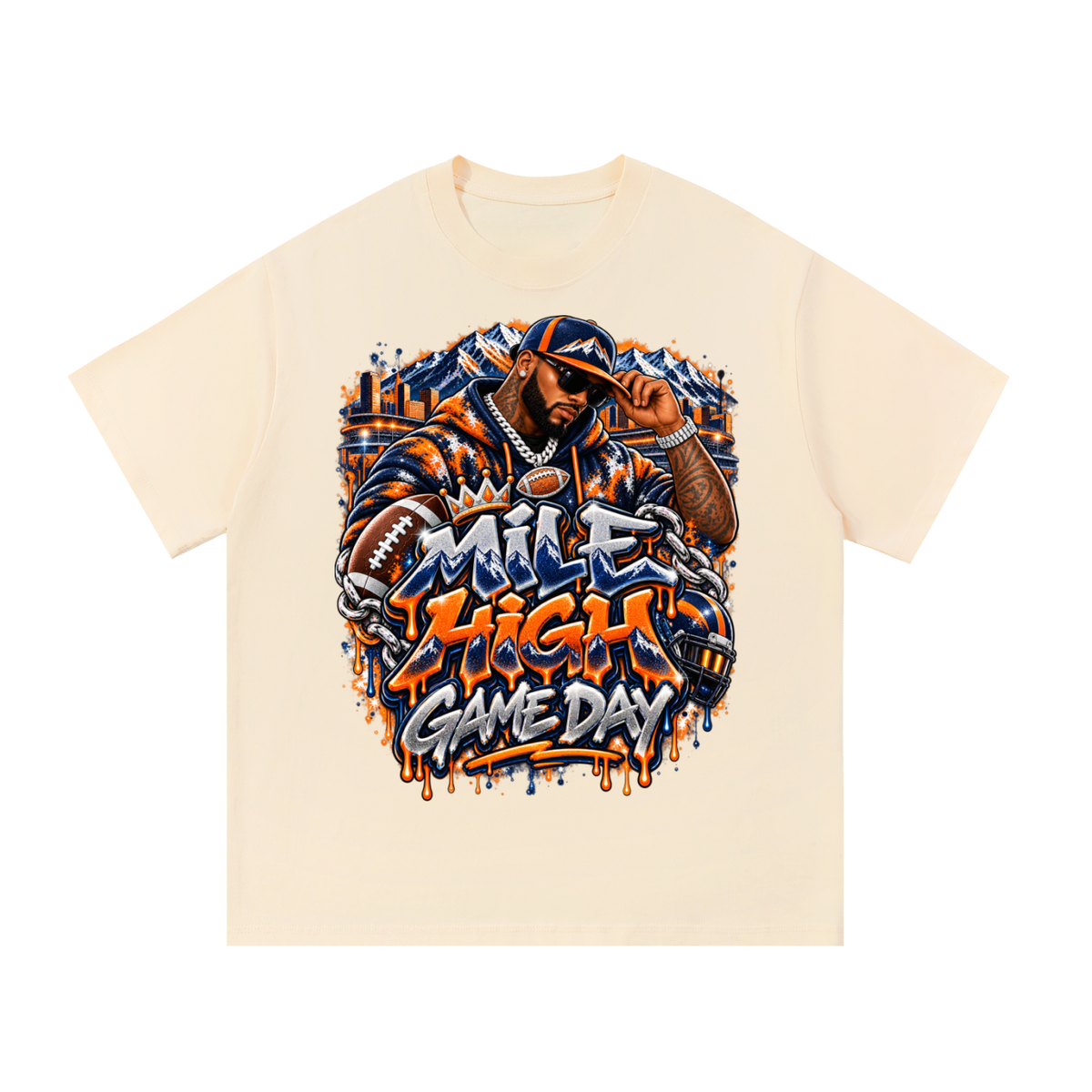 Mile High Game Day – Orange & Navy Football Graphic T-Shirt