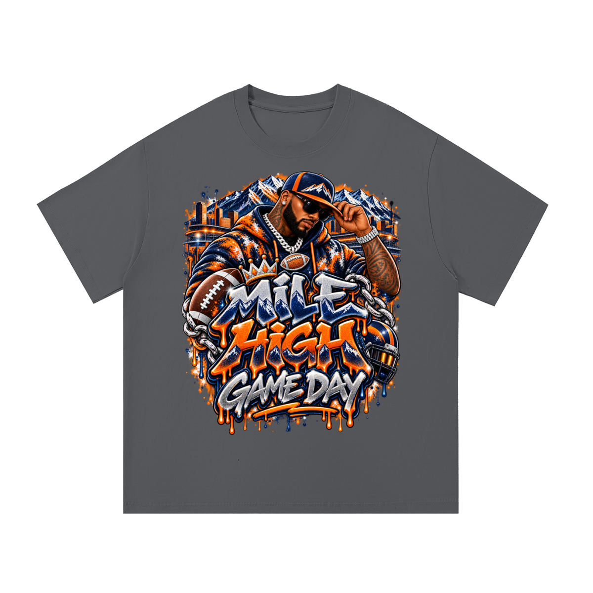 Mile High Game Day – Orange & Navy Football Graphic T-Shirt