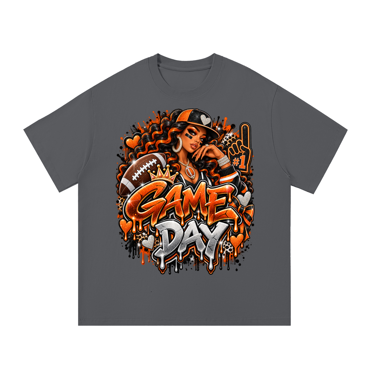 Orange & Black Game Day Queen – Football Glam Graphic T-Shirt