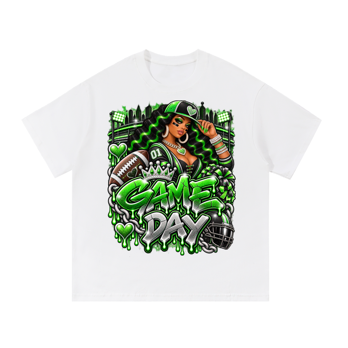 Neon Green Game Day Queen – Women's Football Graphic T-Shirt