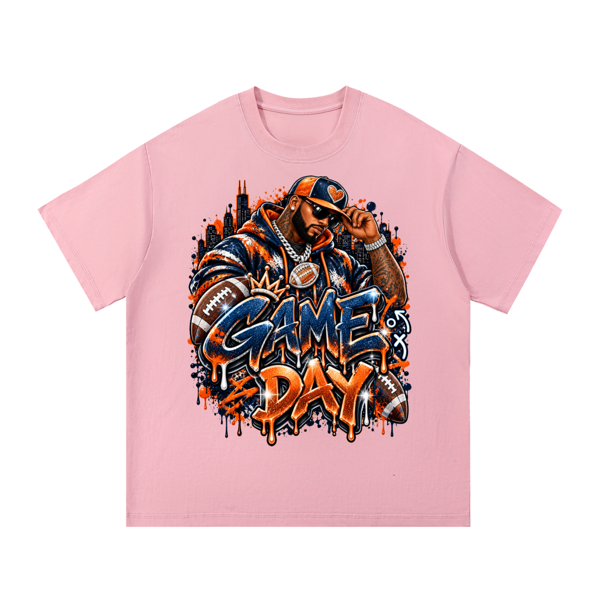 Windy City Game Day – Navy & Orange Football Graphic T-Shirt