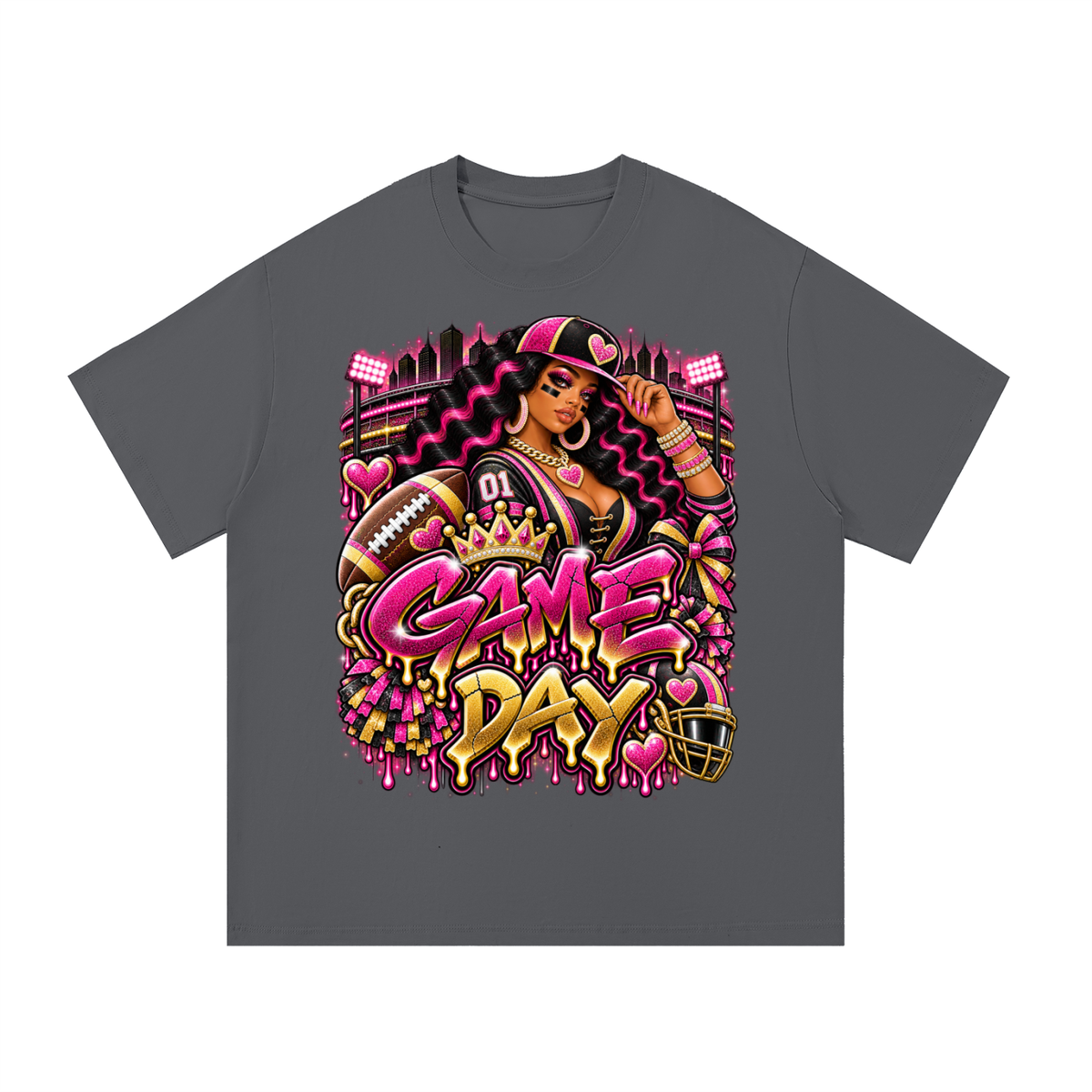 Pink & Gold Game Day Queen – Women's Football Graphic T-Shirt