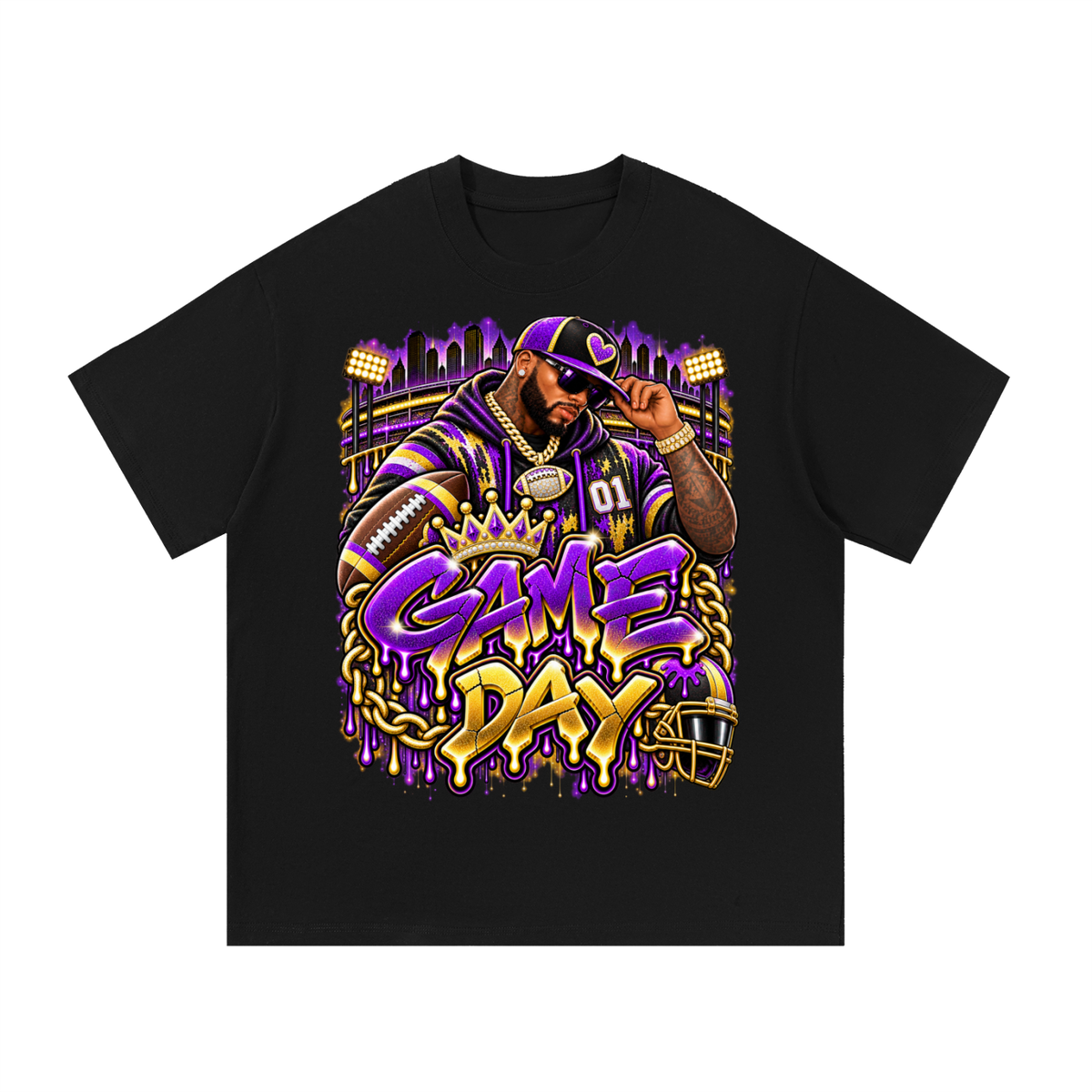 Purple & Gold Game Day King – Unisex Football Graphic T-Shirt