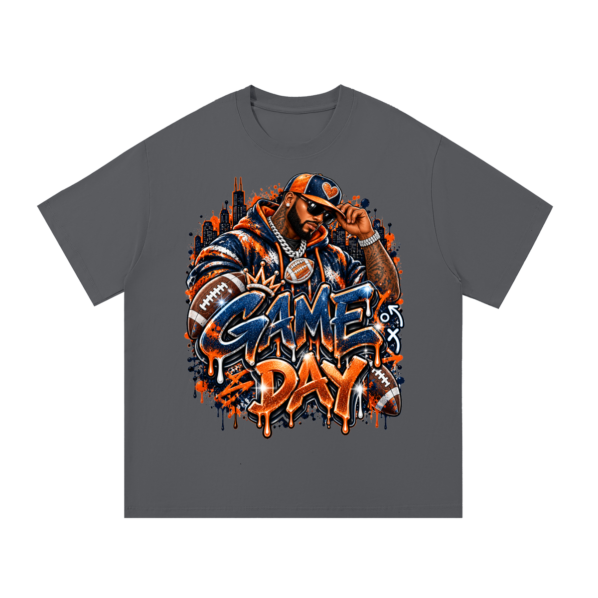 Windy City Game Day – Navy & Orange Football Graphic T-Shirt