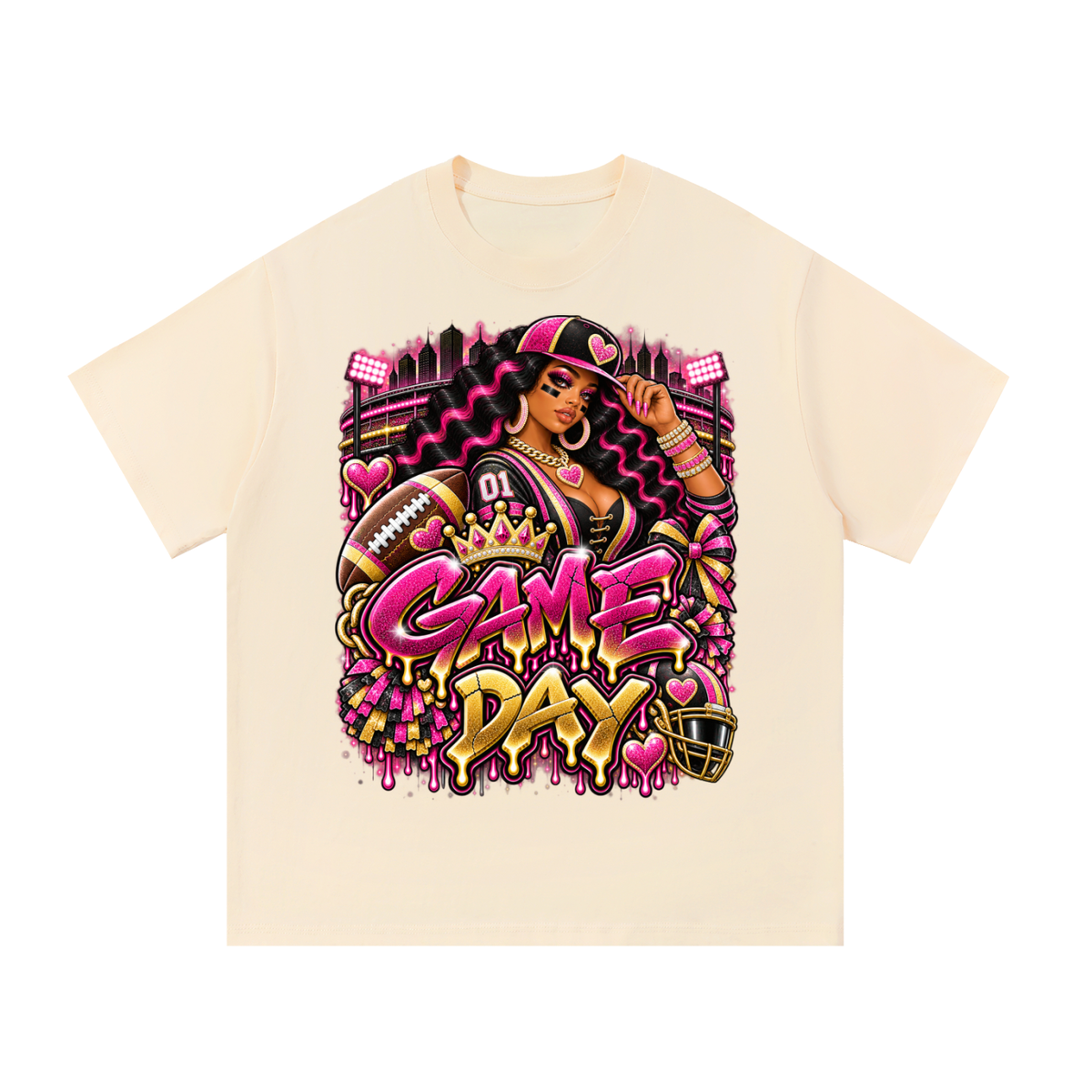 Pink & Gold Game Day Queen – Women's Football Graphic T-Shirt