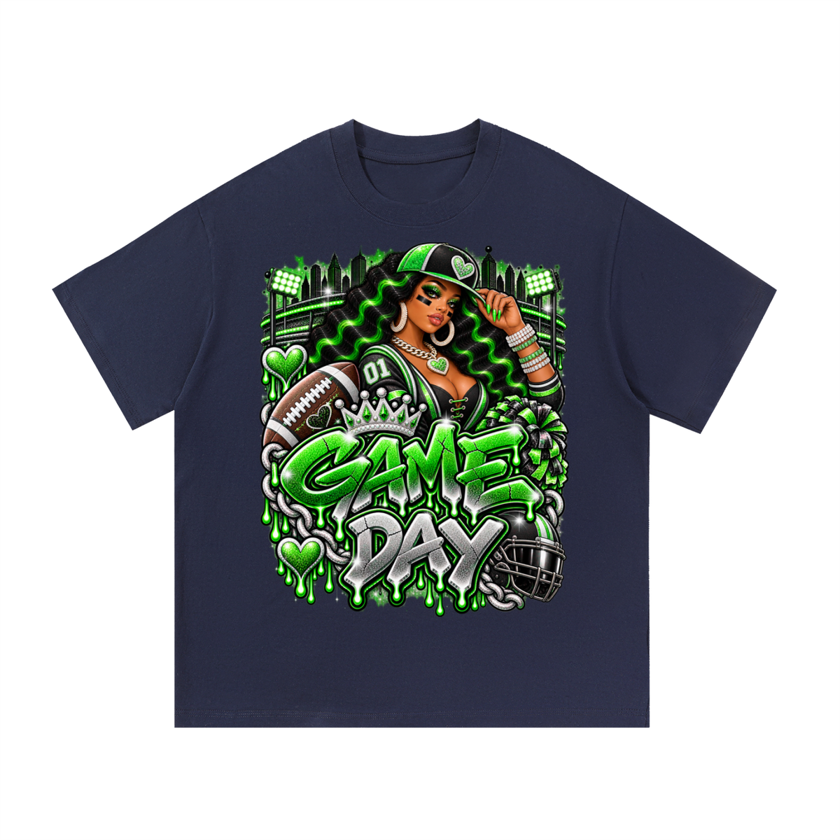 Neon Green Game Day Queen – Women's Football Graphic T-Shirt