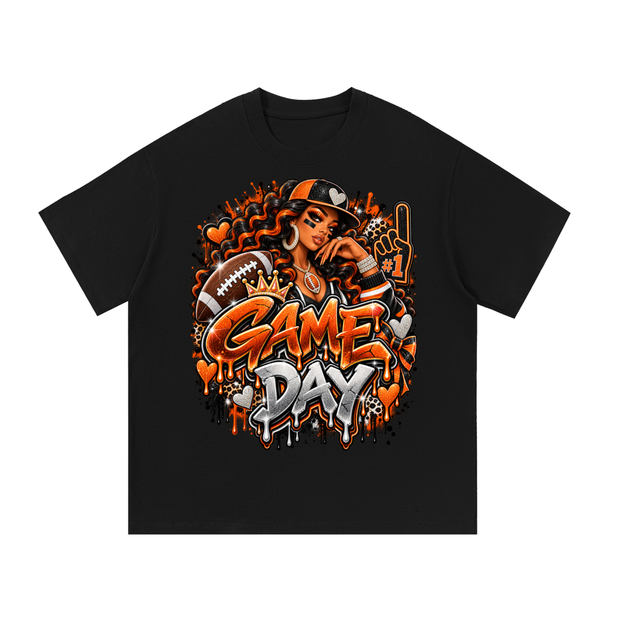 Orange & Black Game Day Queen – Football Glam Graphic T-Shirt