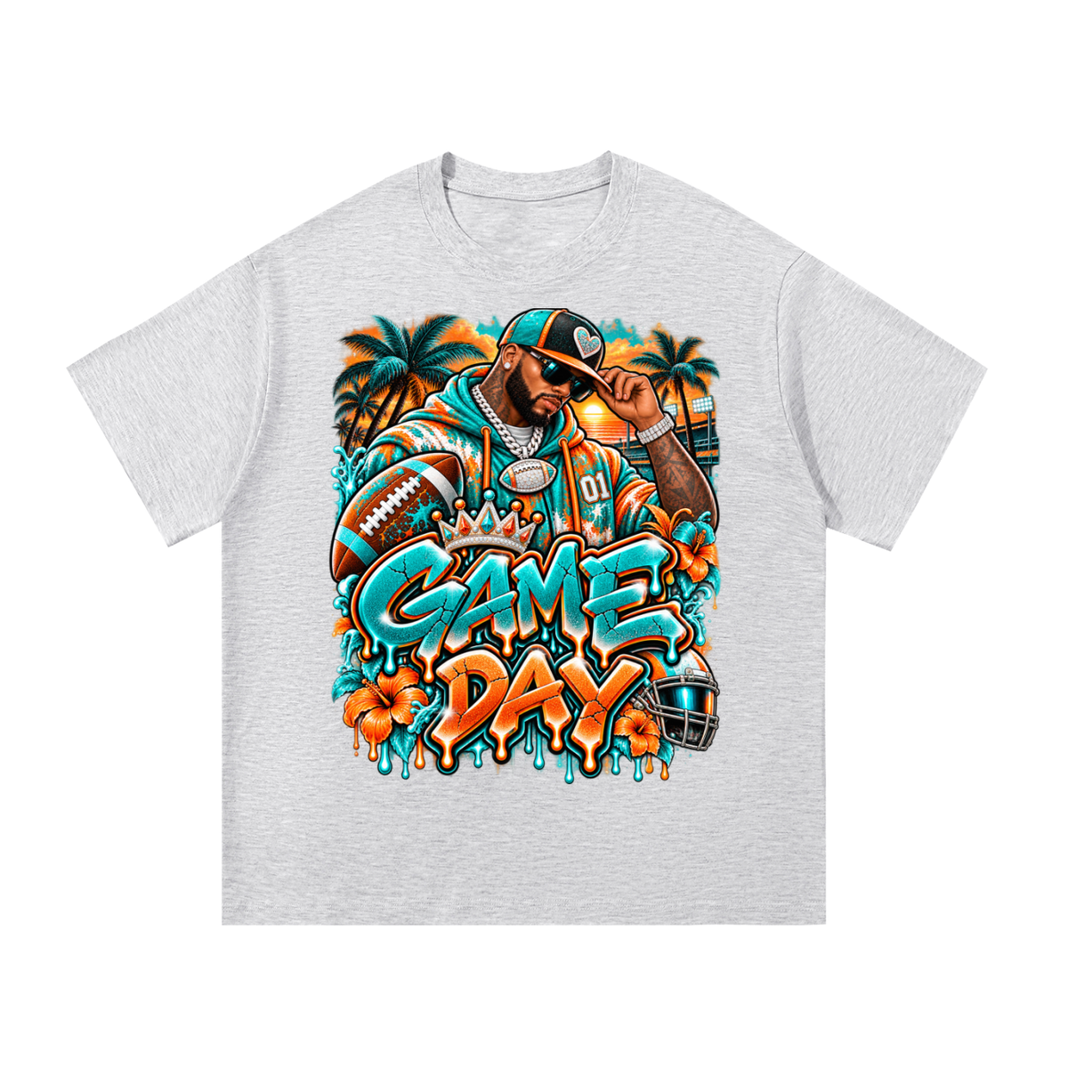 Tropical Game Day – Aqua & Orange Football Streetwear T-Shirt
