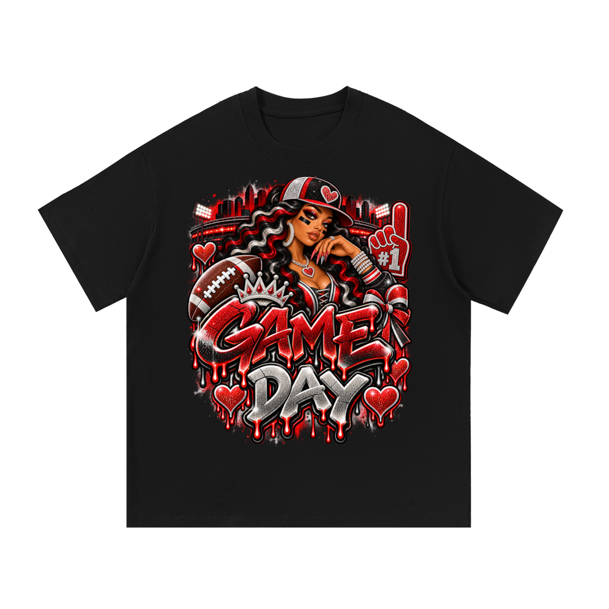 Red & Black Game Day Glam – Women's Football Graphic T-Shirt