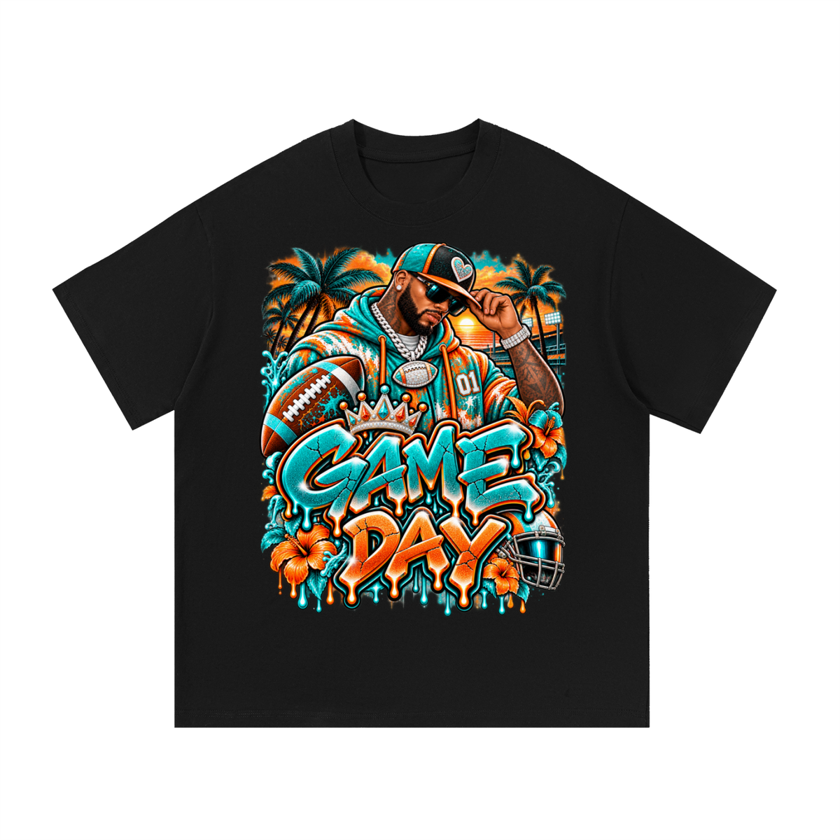 Tropical Game Day – Aqua & Orange Football Streetwear T-Shirt