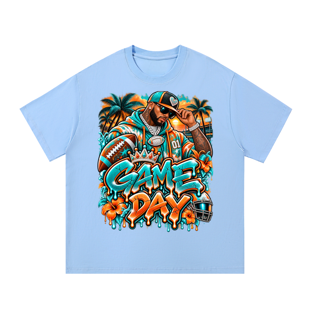 Tropical Game Day – Aqua & Orange Football Streetwear T-Shirt
