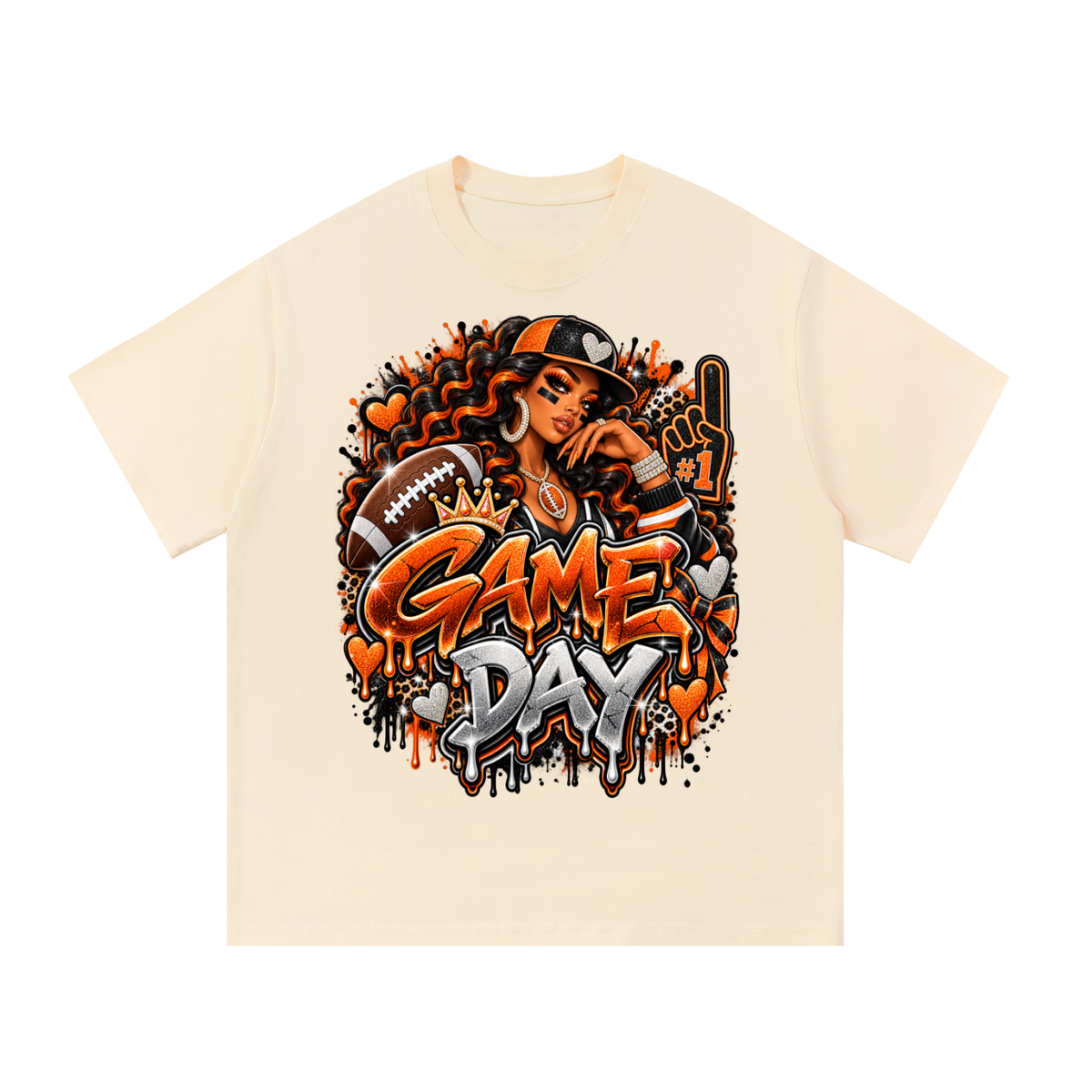 Orange & Black Game Day Queen – Football Glam Graphic T-Shirt
