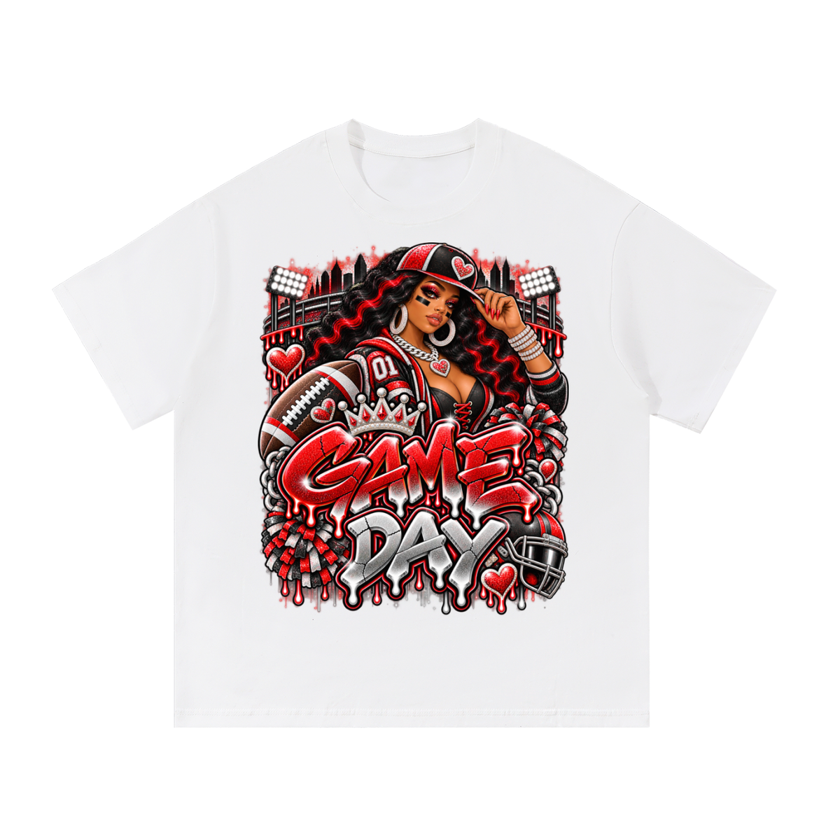 Red & Black Game Day Glam – Women's Football Graphic T-Shirt