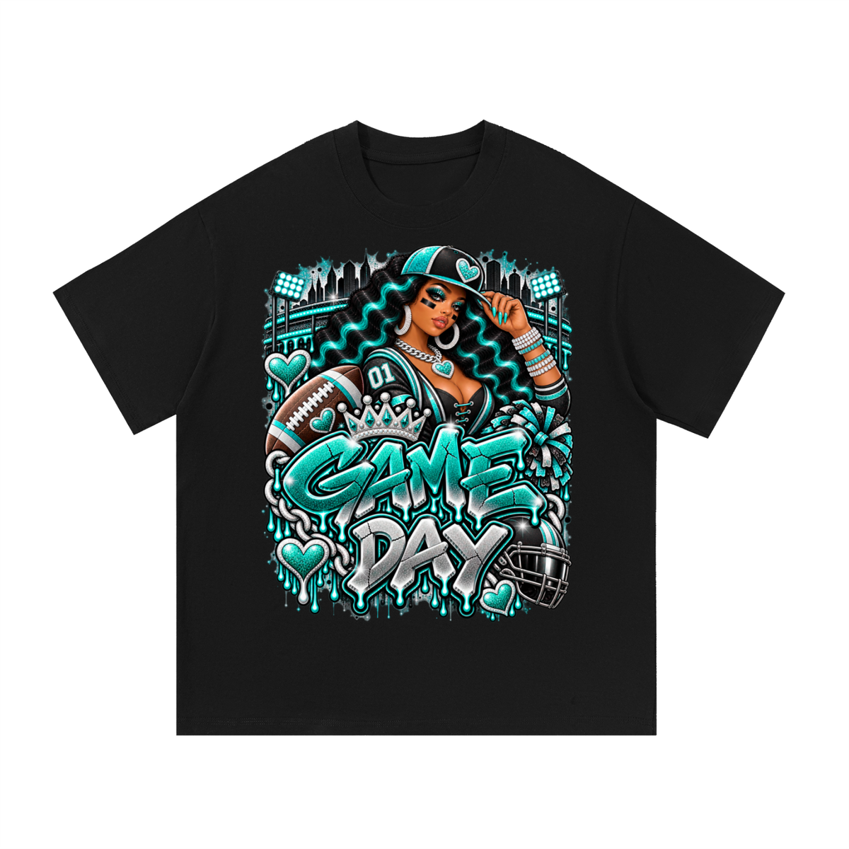 Teal Game Day Glam – Women's Football Graphic T-Shirt