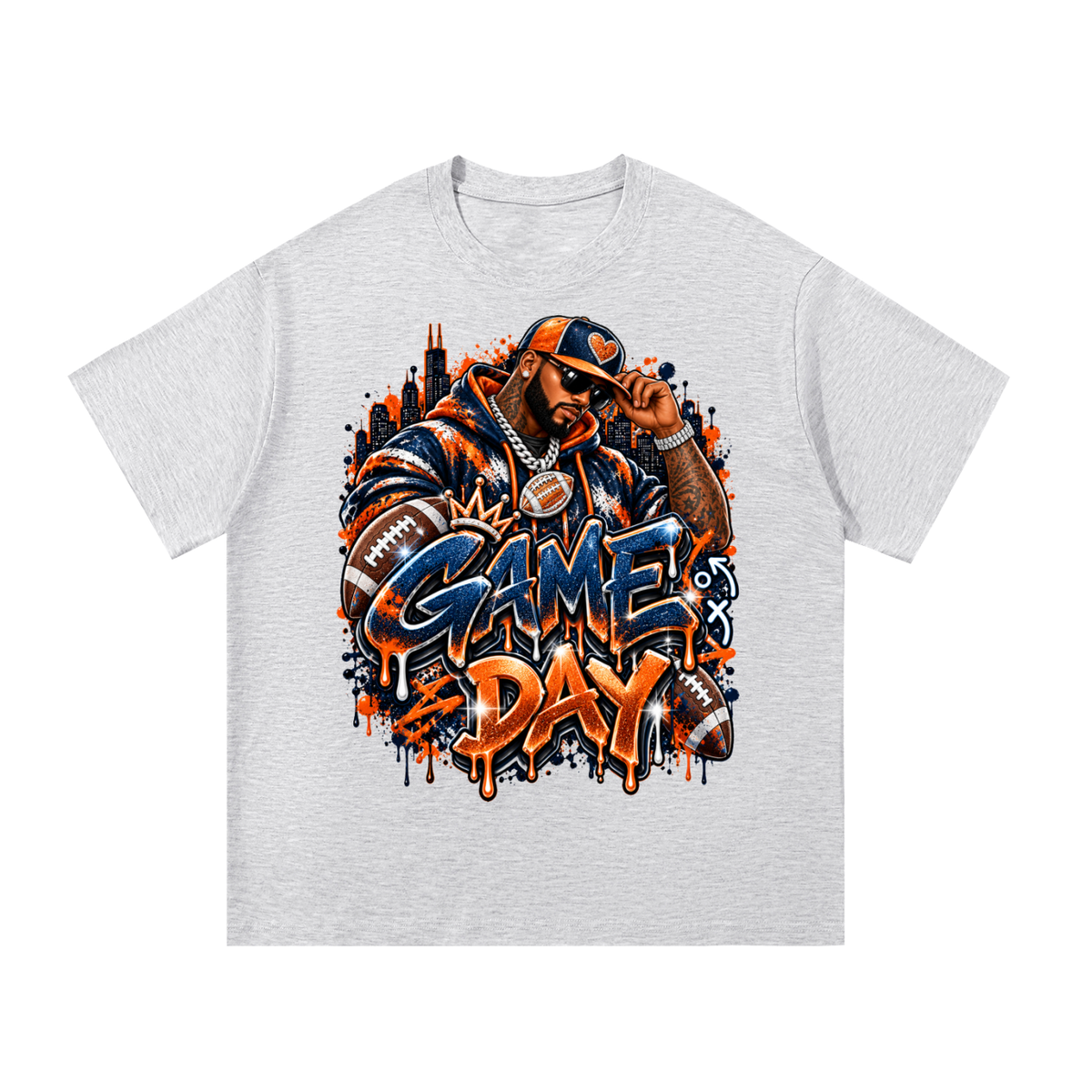 Windy City Game Day – Navy & Orange Football Graphic T-Shirt