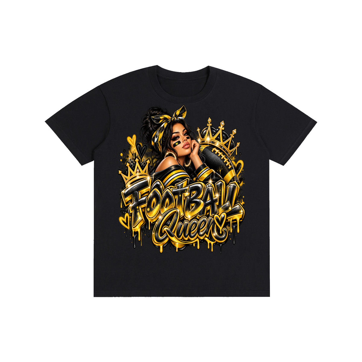 Black & Gold Football Queen 3D Graffiti Graphic T-Shirt