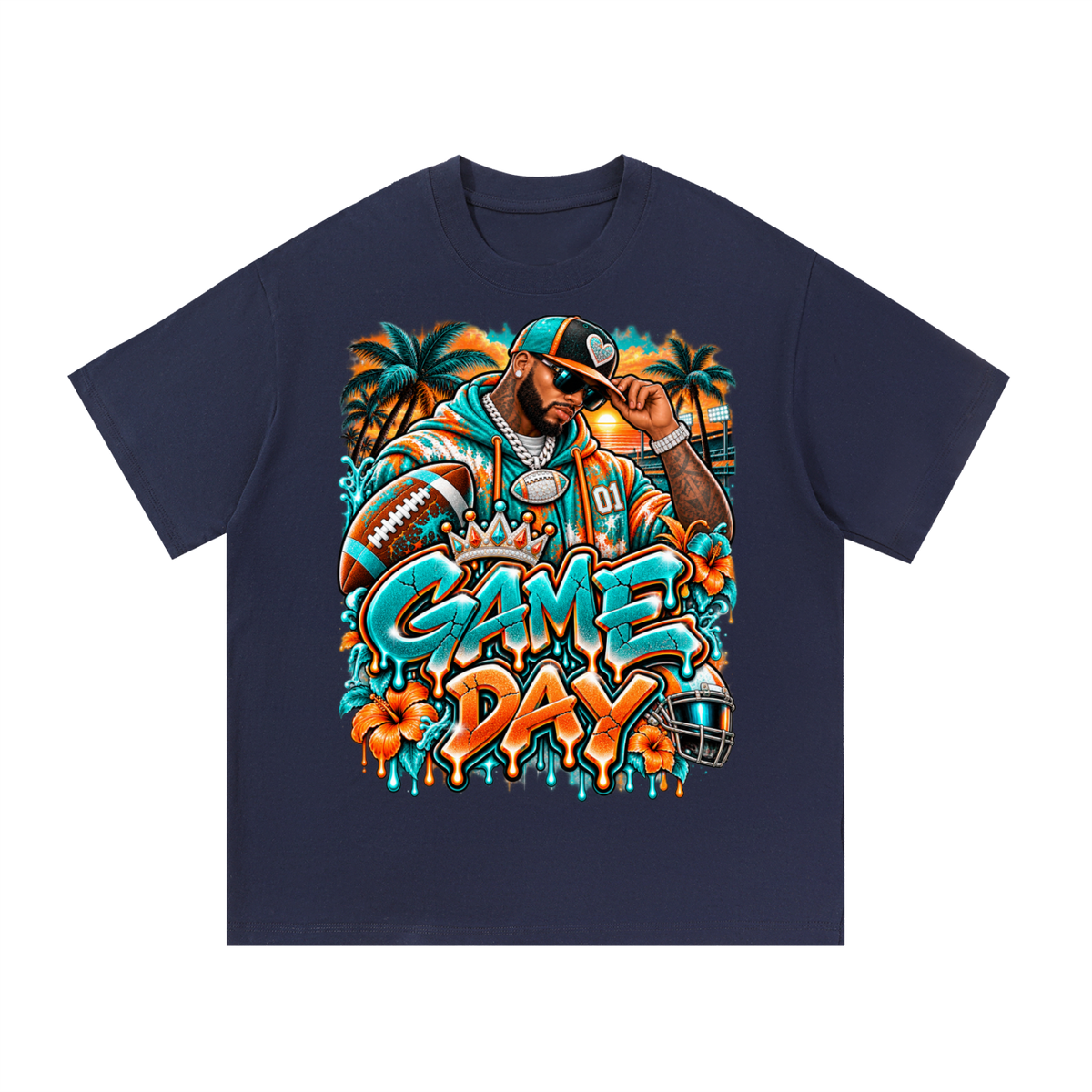 Tropical Game Day – Aqua & Orange Football Streetwear T-Shirt