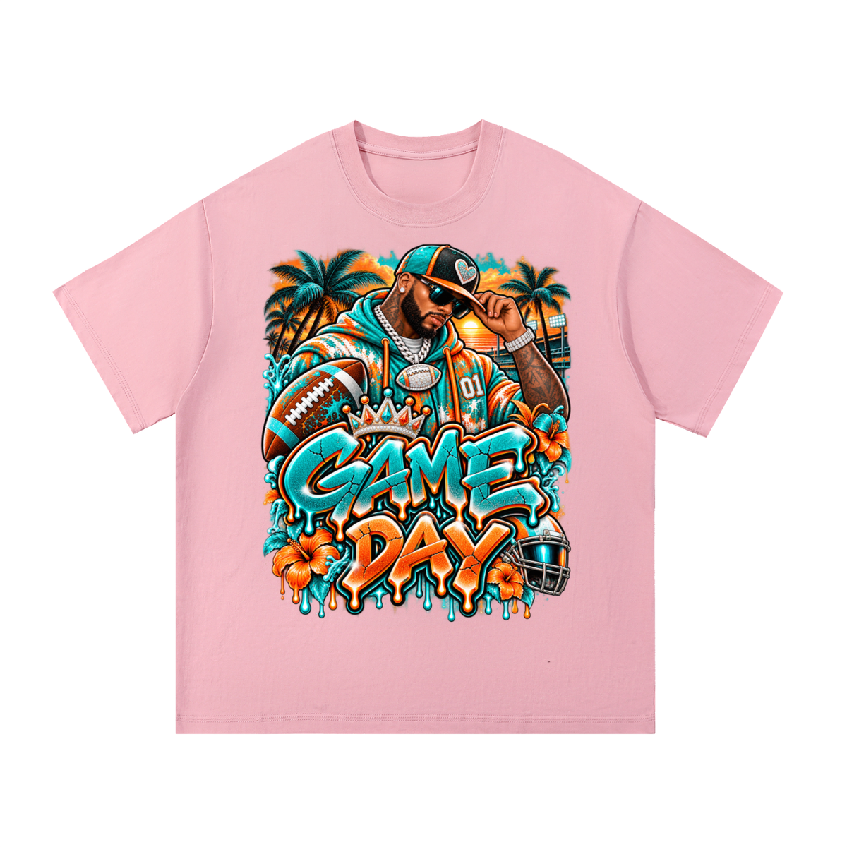 Tropical Game Day – Aqua & Orange Football Streetwear T-Shirt
