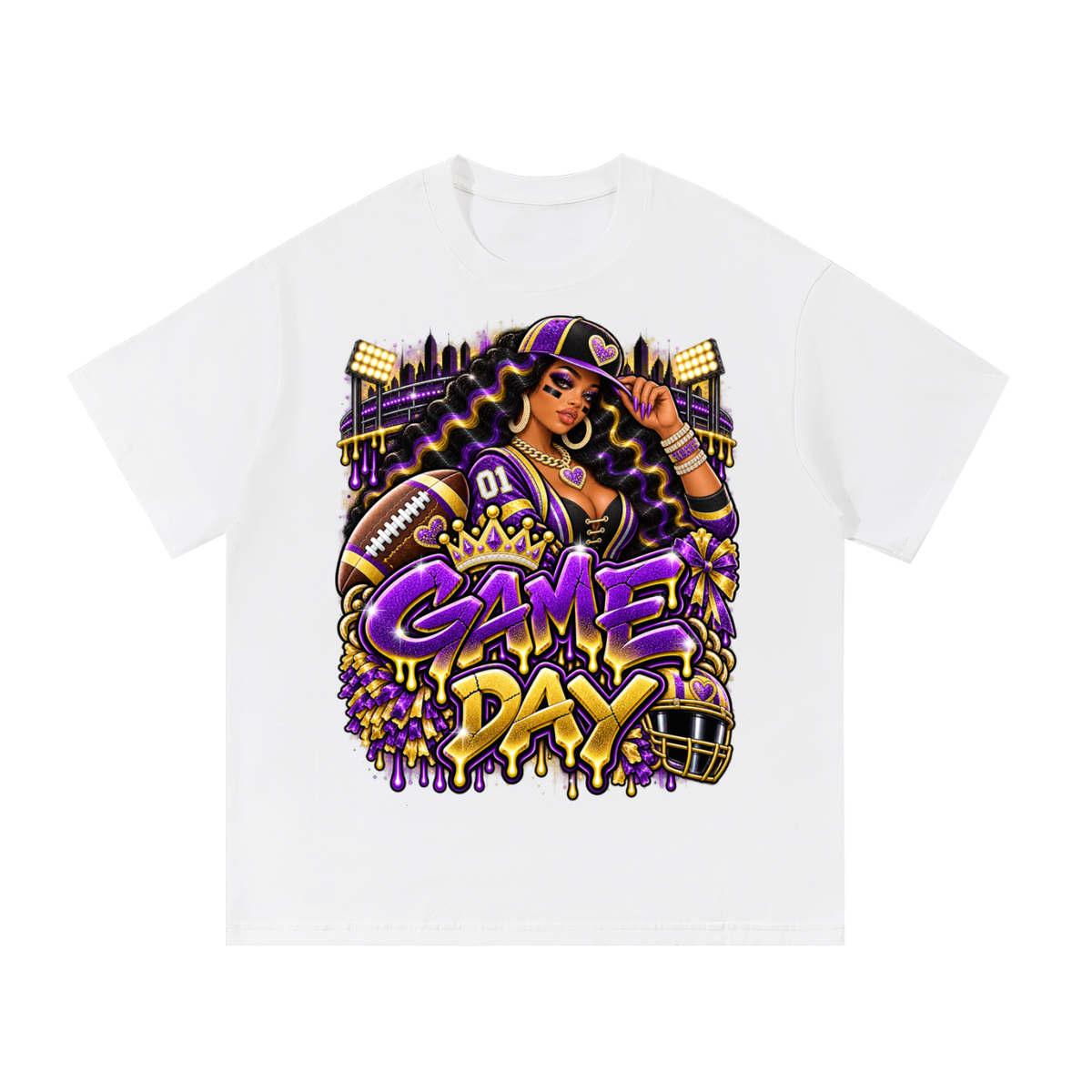 Purple & Gold Football Glam – Women's Game Day Graphic T-Shirt