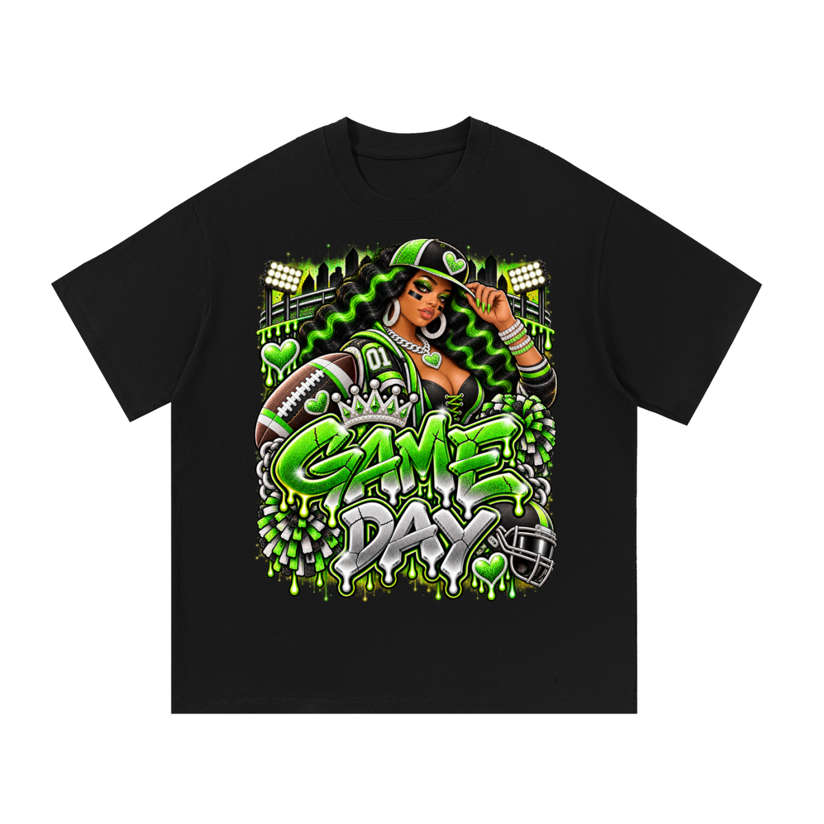Neon Green Game Day Diva – Women's Football Graphic T-Shirt
