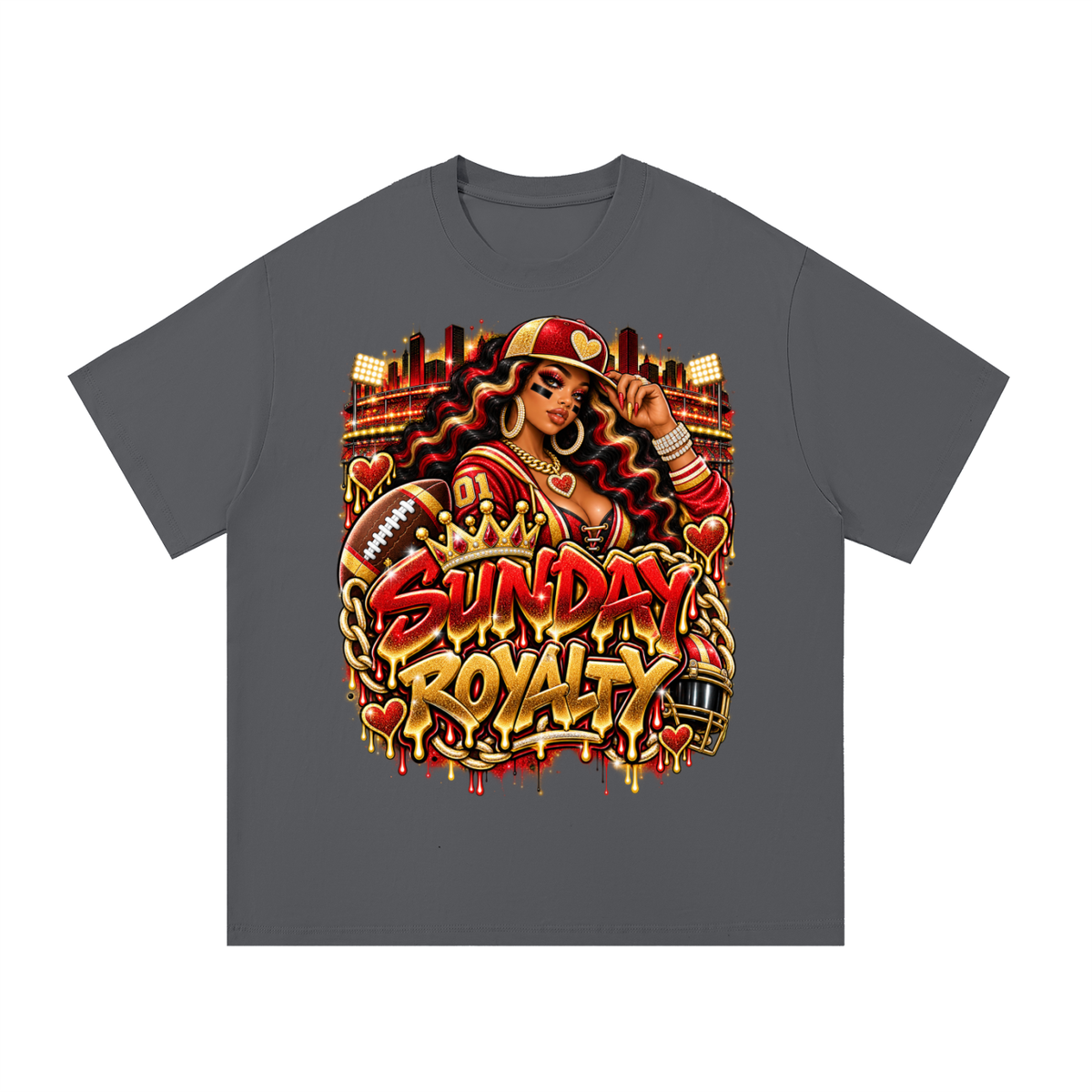 Sunday Royalty – Red & Gold Football Glam Graphic T-Shirt