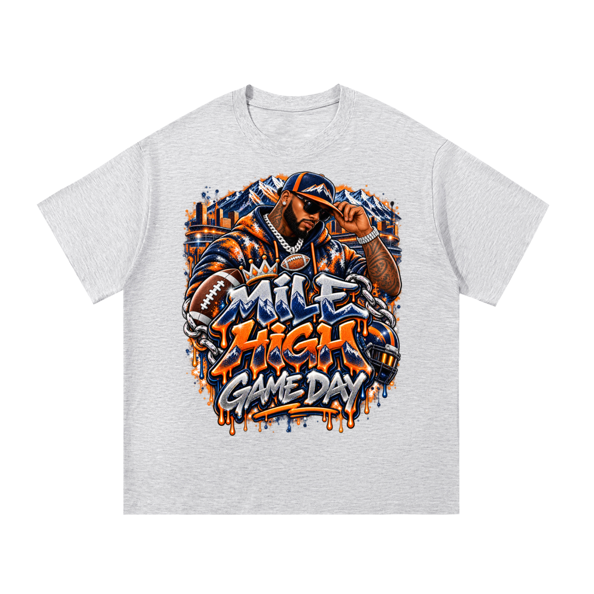 Mile High Game Day – Orange & Navy Football Graphic T-Shirt