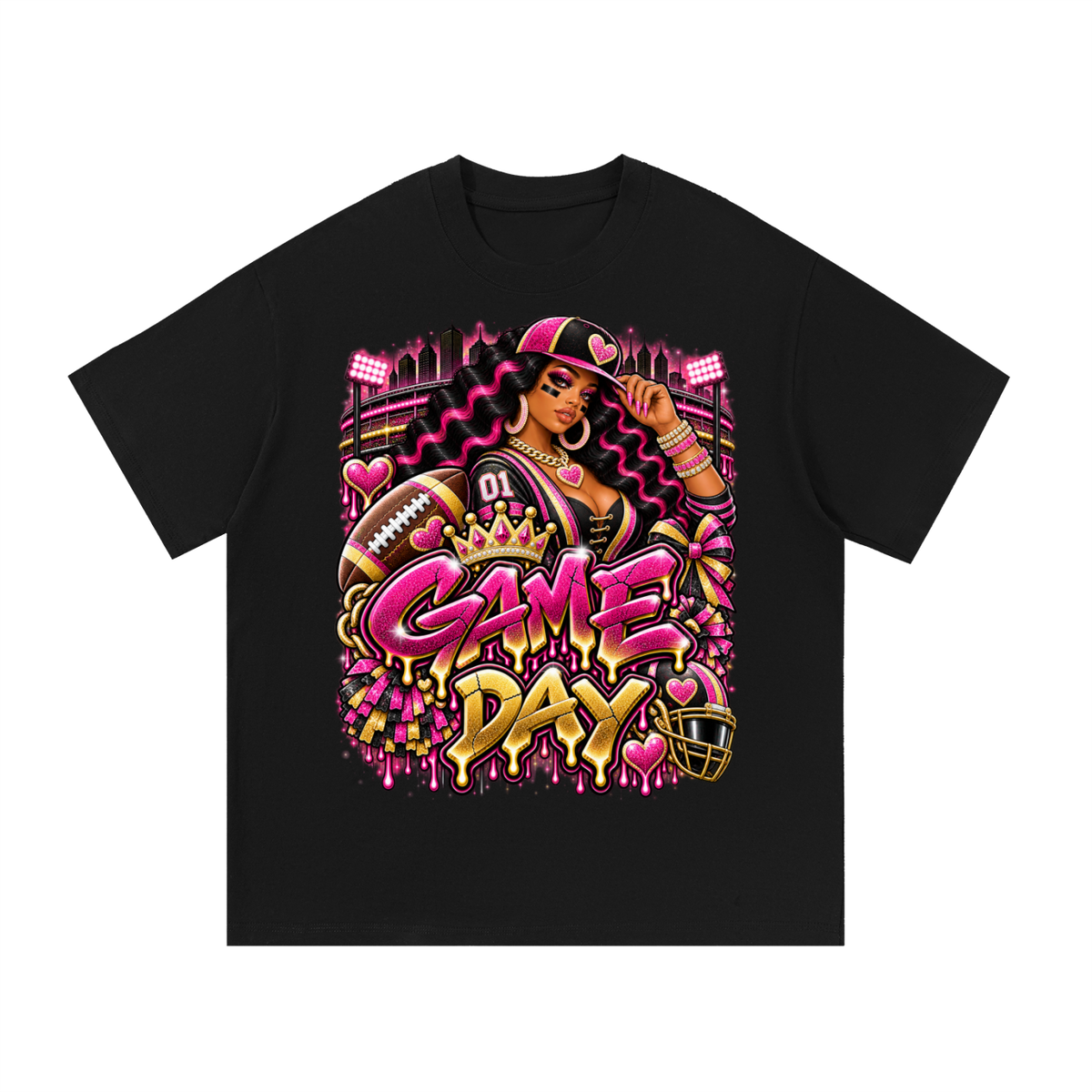Pink & Gold Game Day Queen – Women's Football Graphic T-Shirt