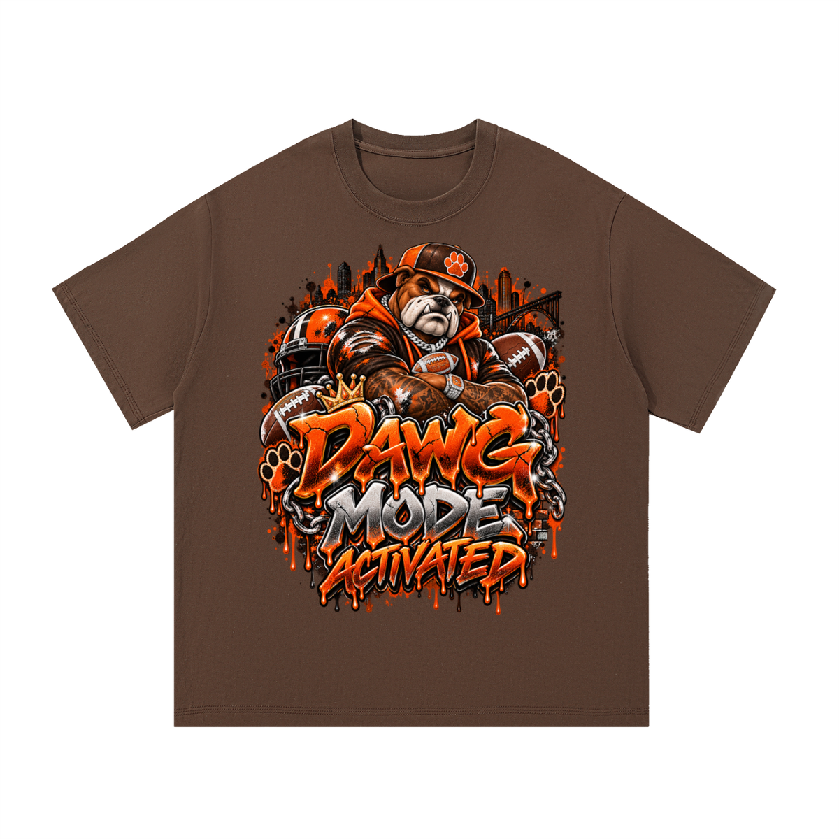 Dawg Mode Activated – Orange & Brown Football Graphic T-Shirt