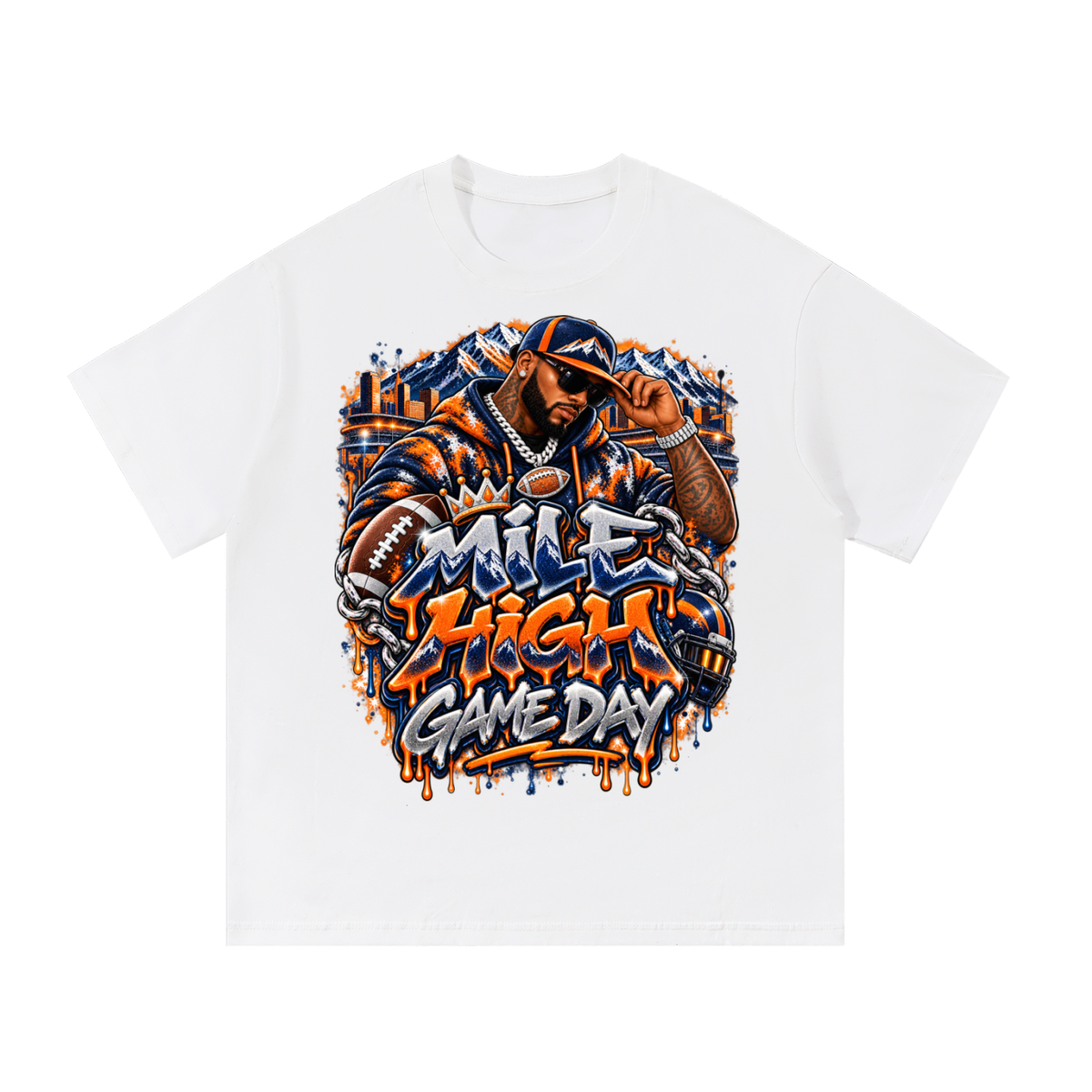 Mile High Game Day – Orange & Navy Football Graphic T-Shirt