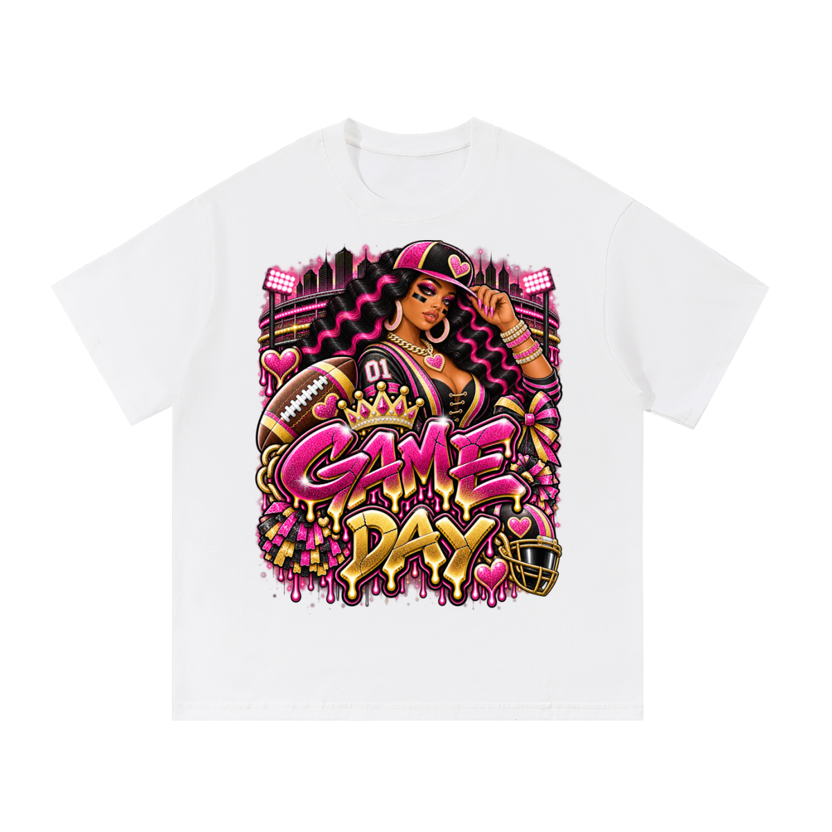 Pink & Gold Game Day Queen – Women's Football Graphic T-Shirt