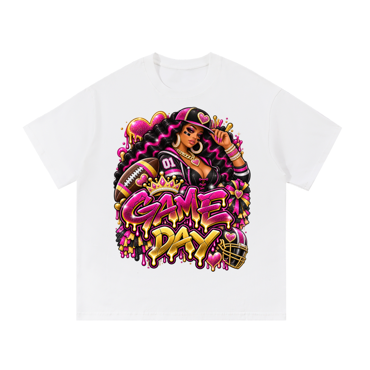 Pink & Gold Game Day Royalty – Women's Football Graphic T-Shirt